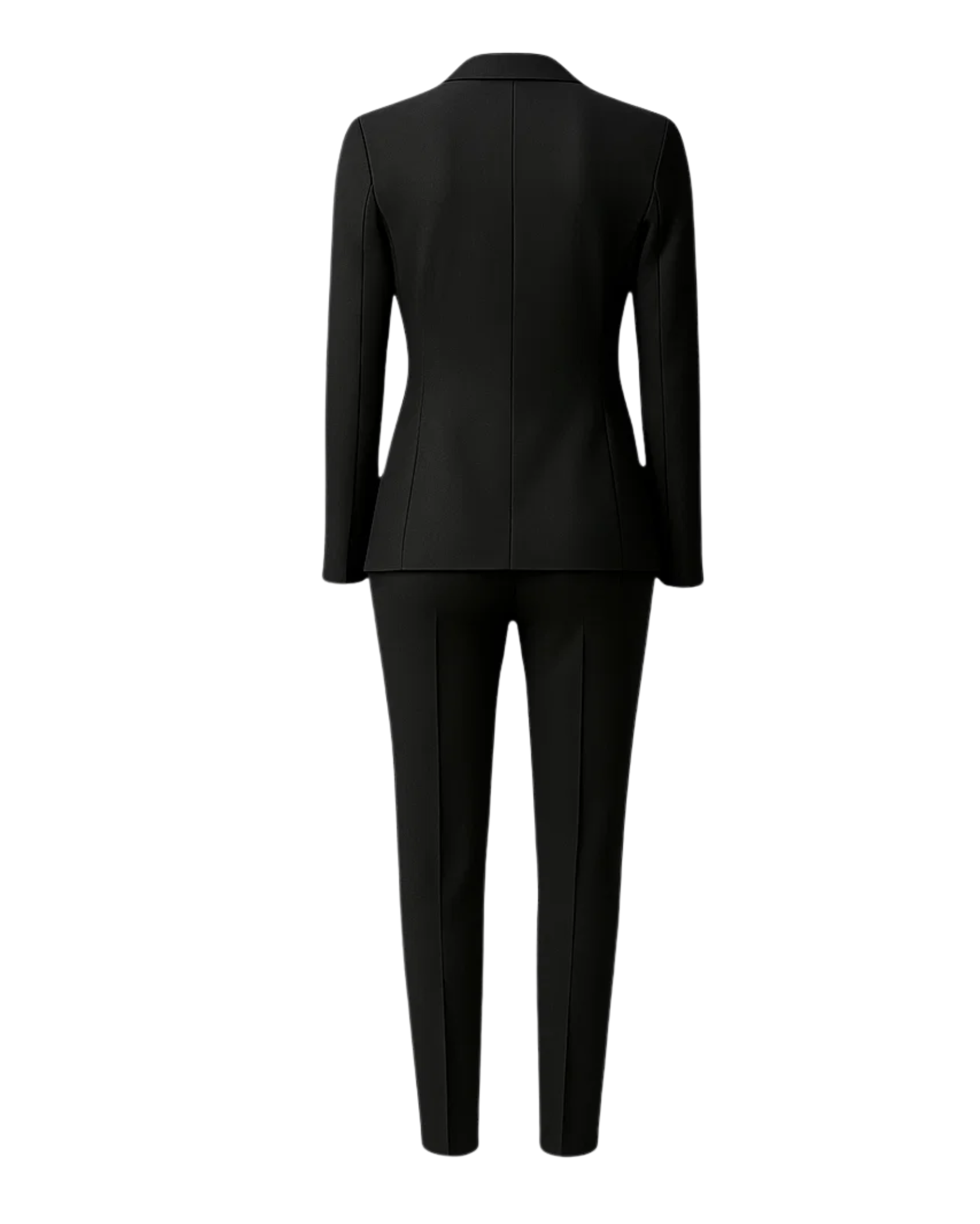 PRE-LOVED | Women's Black Fitted Wedding Suit shown from the back, featuring a tailored blazer with clean, structured lines and slim, tapered formal trousers in luxury fabric for an elegant bridal suiting look.