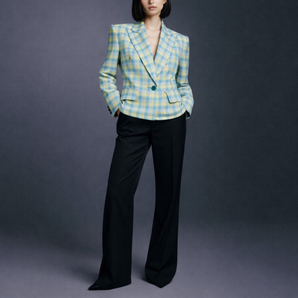 Model wearing the Blue Yellow Gingham Cropped Graphic Jacket styled with sharp lapels, structured shoulders, and front flap pockets, paired with black tailored wide-leg trousers for a modern, polished look.