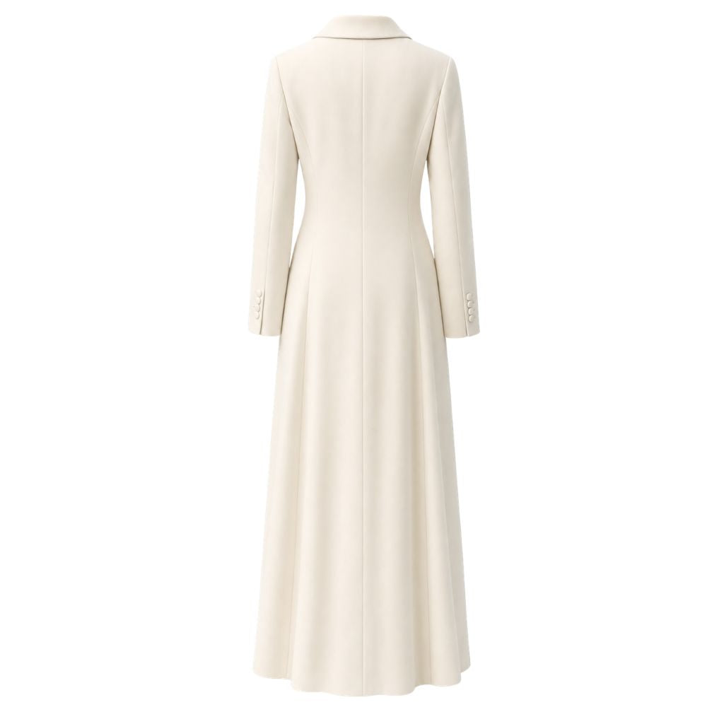 Ivory Shawl Lapel Floor-Length Jacket shown from the back, featuring a tailored silhouette with long sleeves, buttoned cuffs, and a flowing hemline crafted for elegant formalwear.