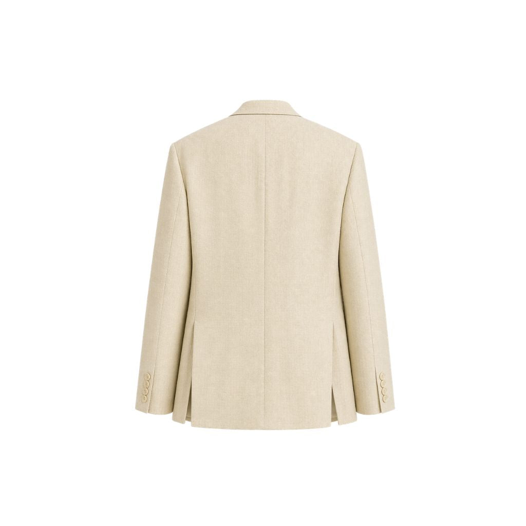 Back view of the Cream Wool and Linen Blend Summer Wedding Blazer showcasing its clean lines, structured tailoring, and lightweight fabric designed for elegant warm-weather dressing.