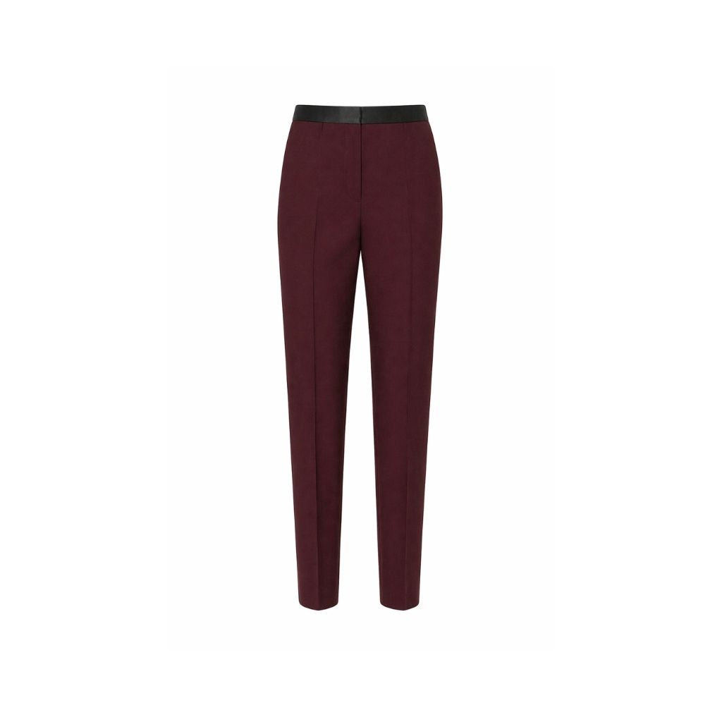 Burgundy Wool Tuxedo Trousers — Slim Tapered Fit with Satin Waistband