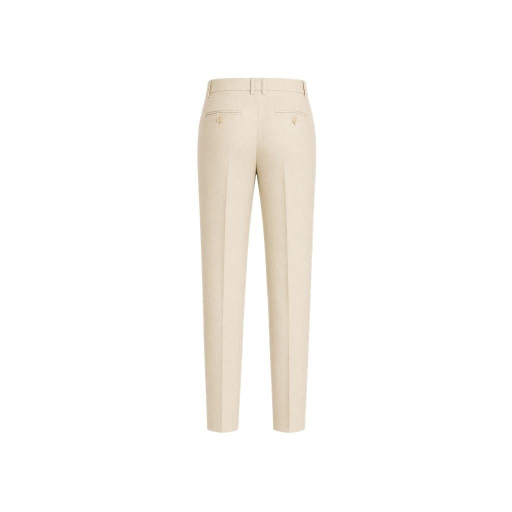 Rear view of Cream Wool and Linen Blend Summer Wedding Trousers featuring a tailored slim silhouette with belt loops and welt pockets, crafted from breathable, lightweight fabric for warm-weather elegance.