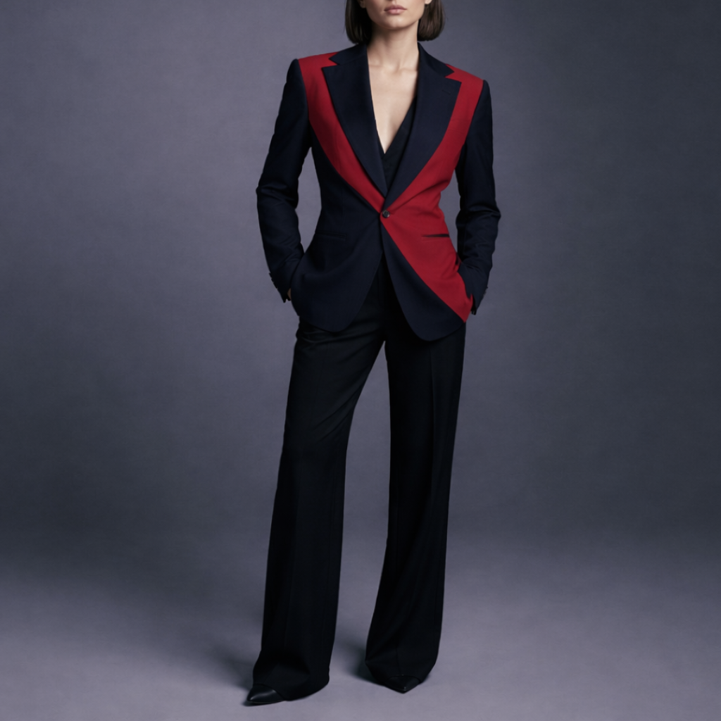 Front view of Navy and Red Pinstripe Graphic Jacket featuring a bold red panel accentuating the tailored navy silhouette with a modern lapel and single-button closure for striking evening wear.