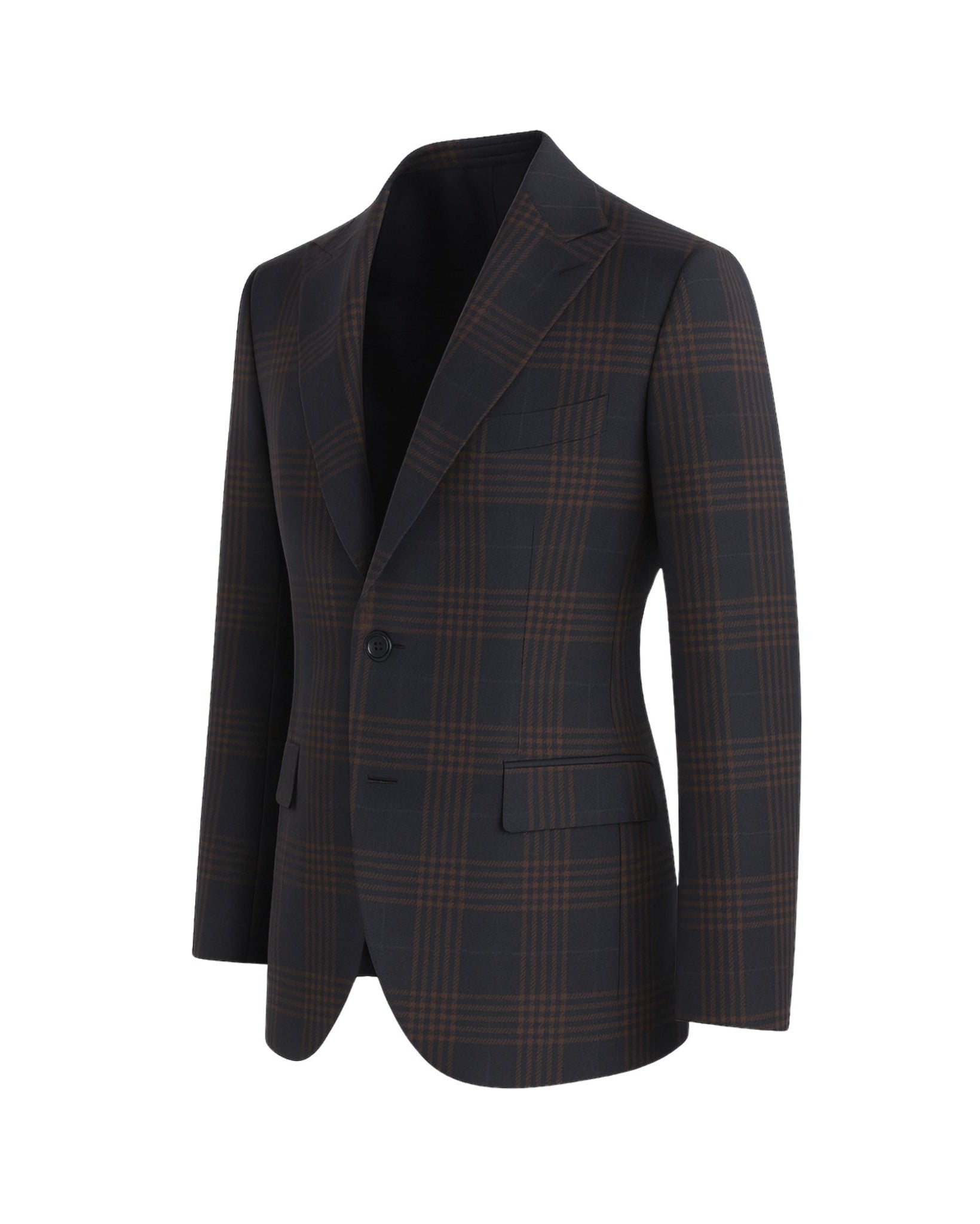 Navy Brown Blazer | Peak Lapel Half-Canvas | Modern Fit featuring a tailored silhouette with a dark navy base and rich brown windowpane plaid for a refined, contemporary look.