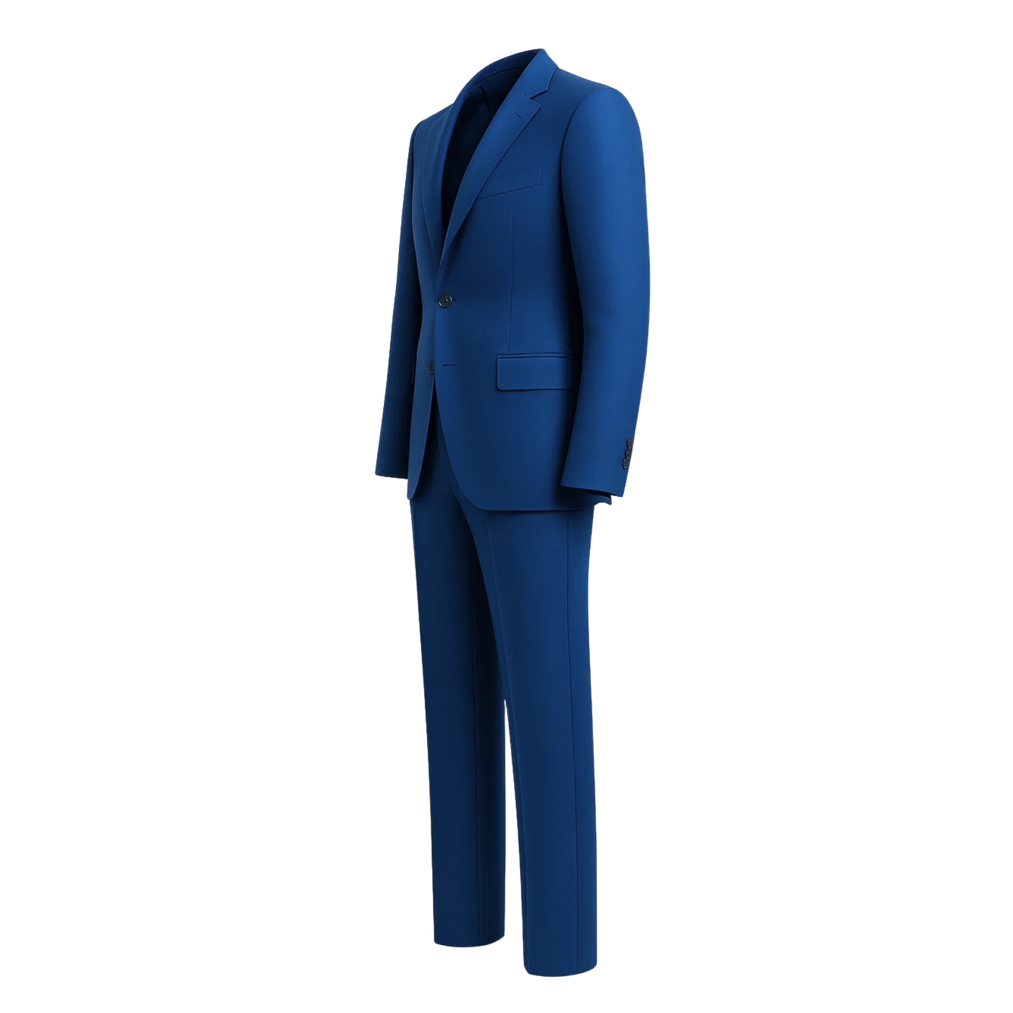 Men's Loro Piana Navy Slim Suit showcasing a striking deep blue tailored blazer with peak lapels, two-button closure, flap pockets, and matching slim-fit trousers in luxurious fabric.