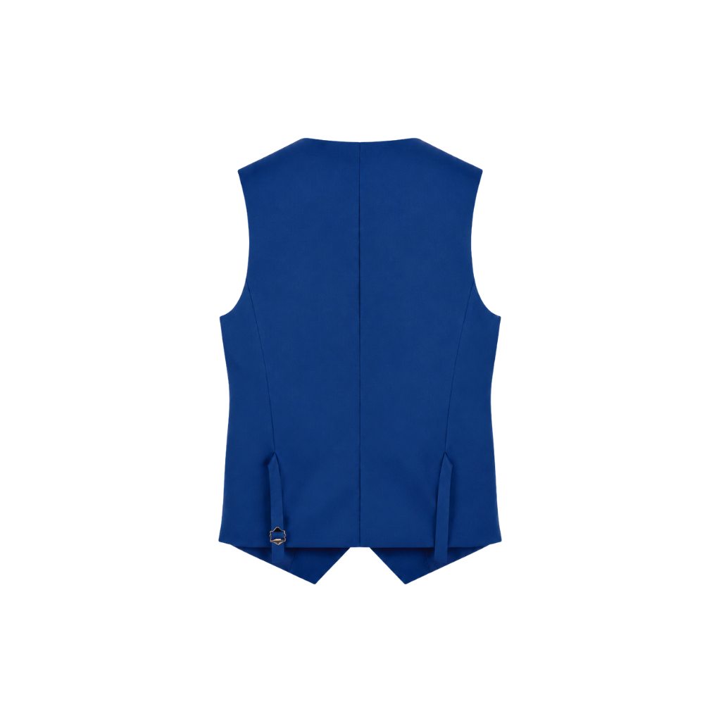 Loro Piana Blue 100% Wool Men’s Fitted Vest in a rich blue shade, featuring a tailored back with adjustable side straps for a custom fit and sleek silhouette.