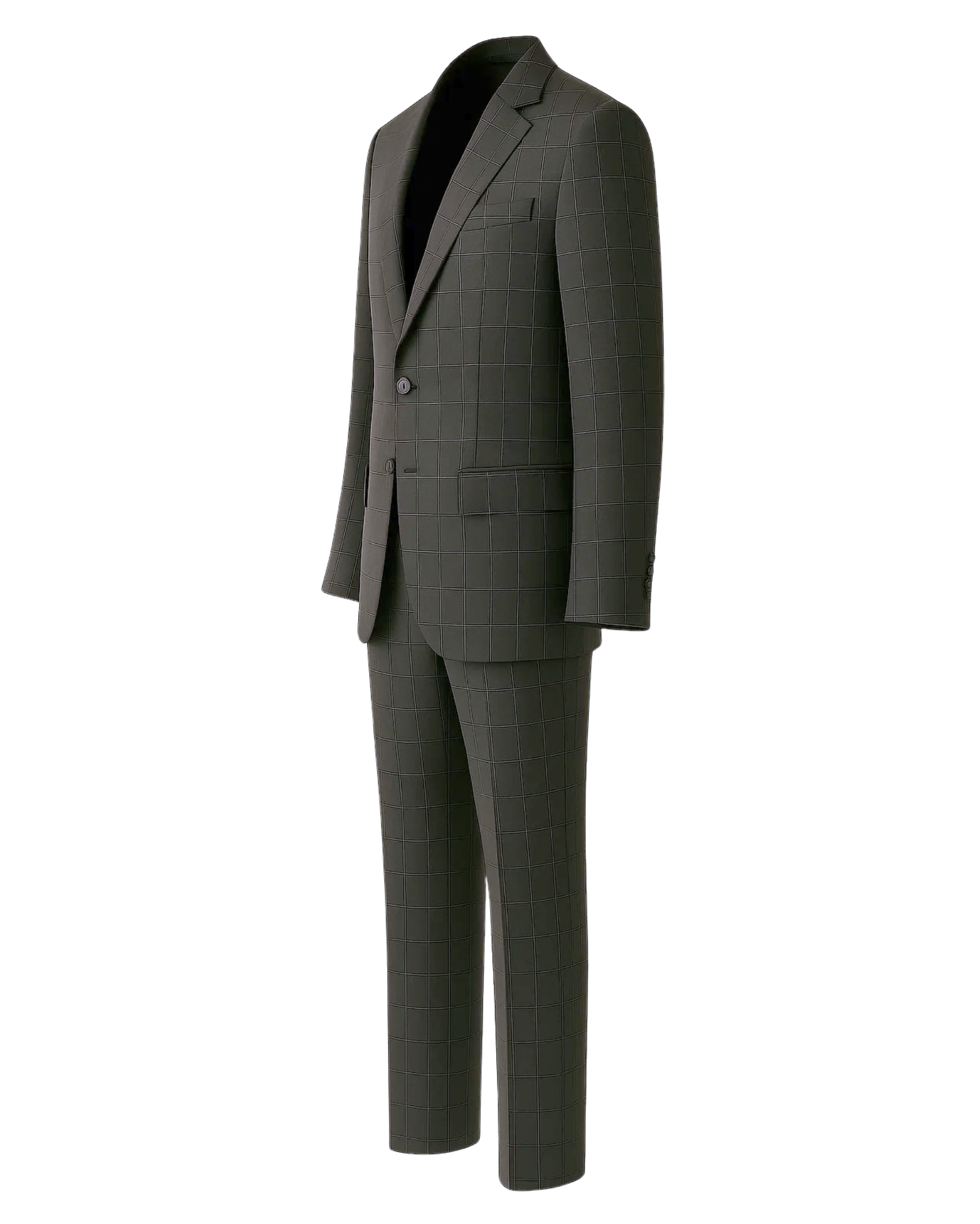 Men's Charcoal Gray Windowpane Check Suit Set featuring a modern tailored fit with notch lapels, single-button closure, flap pockets, and slim straight-leg trousers in classic windowpane pattern.