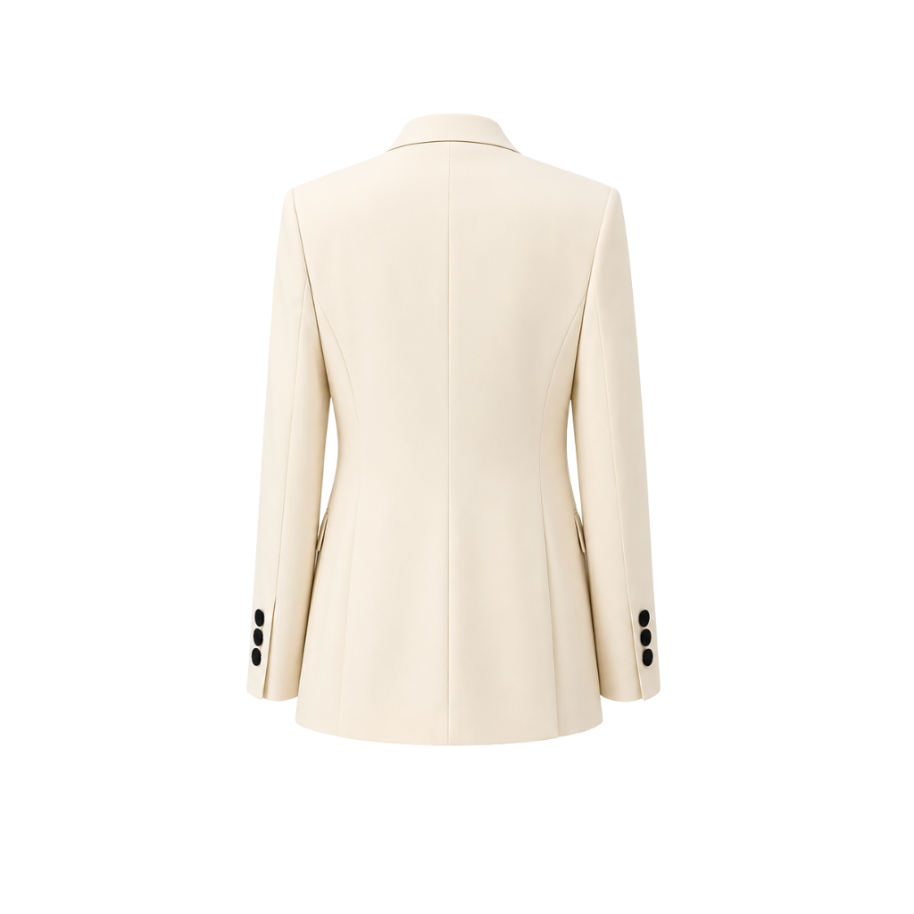 Ivory Peak Lapel Women’s Wool Tuxedo Jacket in a creamy ivory shade, showcasing a streamlined back with structured seams and black buttons on the cuff for refined formalwear.
