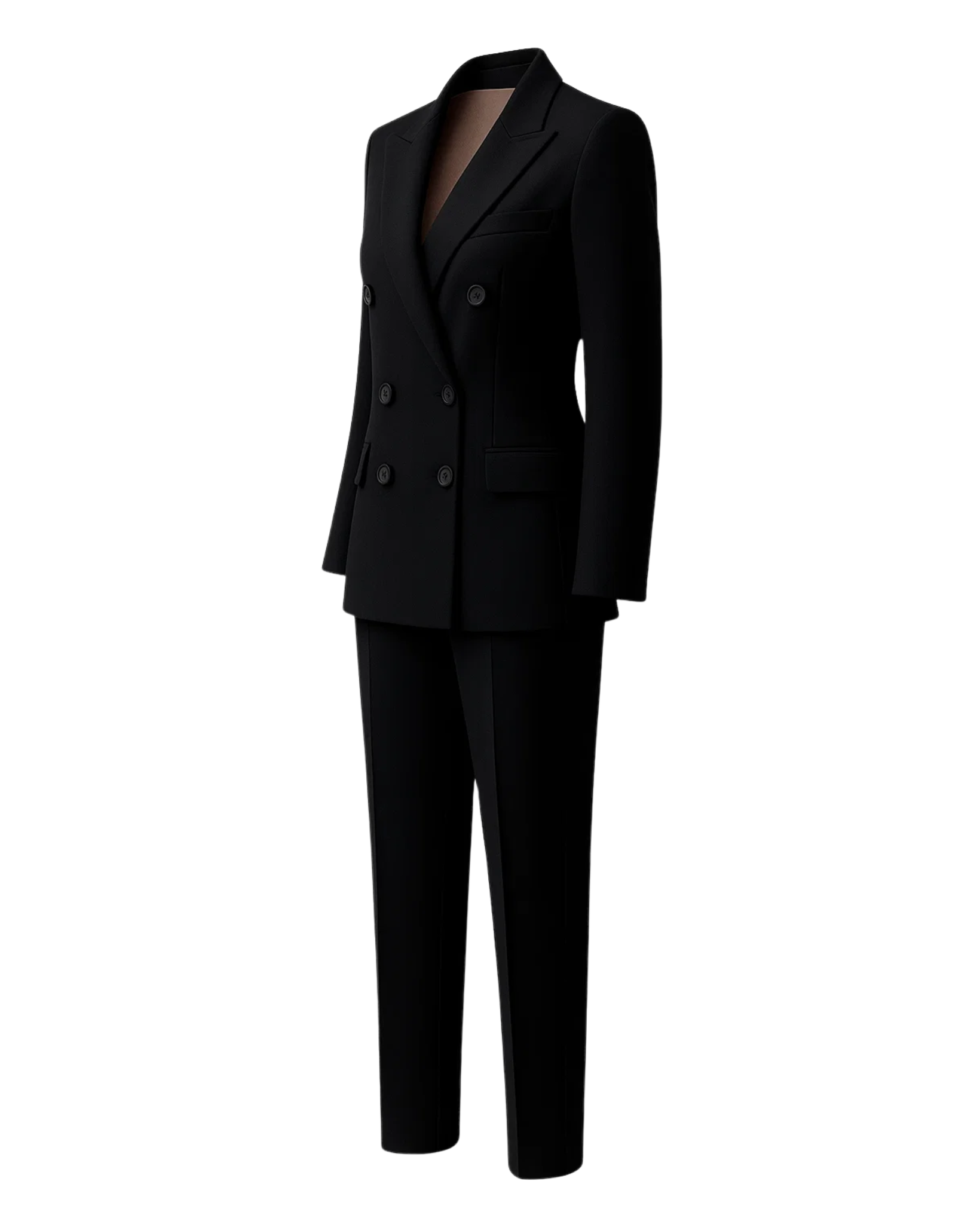 PRE-LOVED | Women's Black Oversized Wedding Suit featuring a double-breasted blazer with notch lapels and relaxed straight-leg trousers in smooth black fabric for a contemporary androgynous bridal look.