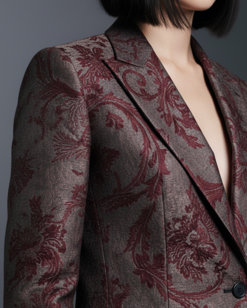 Close-up of a finely tailored Burgundy Baroque Velvet Graphic Jacket featuring rich baroque velvet floral patterns in deep burgundy on a textured dark fabric, with sharp lapels and a single-button closure.