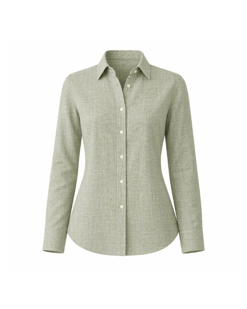 Sage Green Linen Summer Wedding Shirt in a sleek tailored design featuring long sleeves, button front, and breathable linen fabric perfect for elegant, warm-weather occasions.