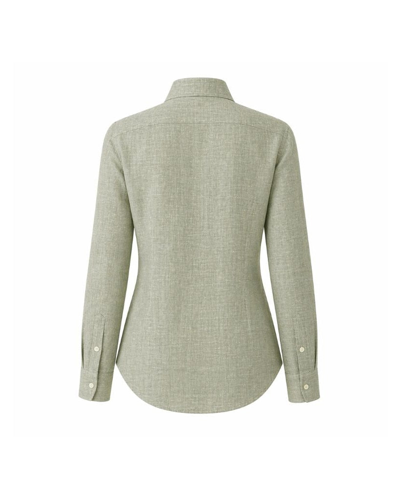 Back view of the Sage Green Linen Summer Wedding Shirt showcasing its tailored fit, long sleeves with buttoned cuffs, and breathable fabric designed for elegant warm-weather occasions.
