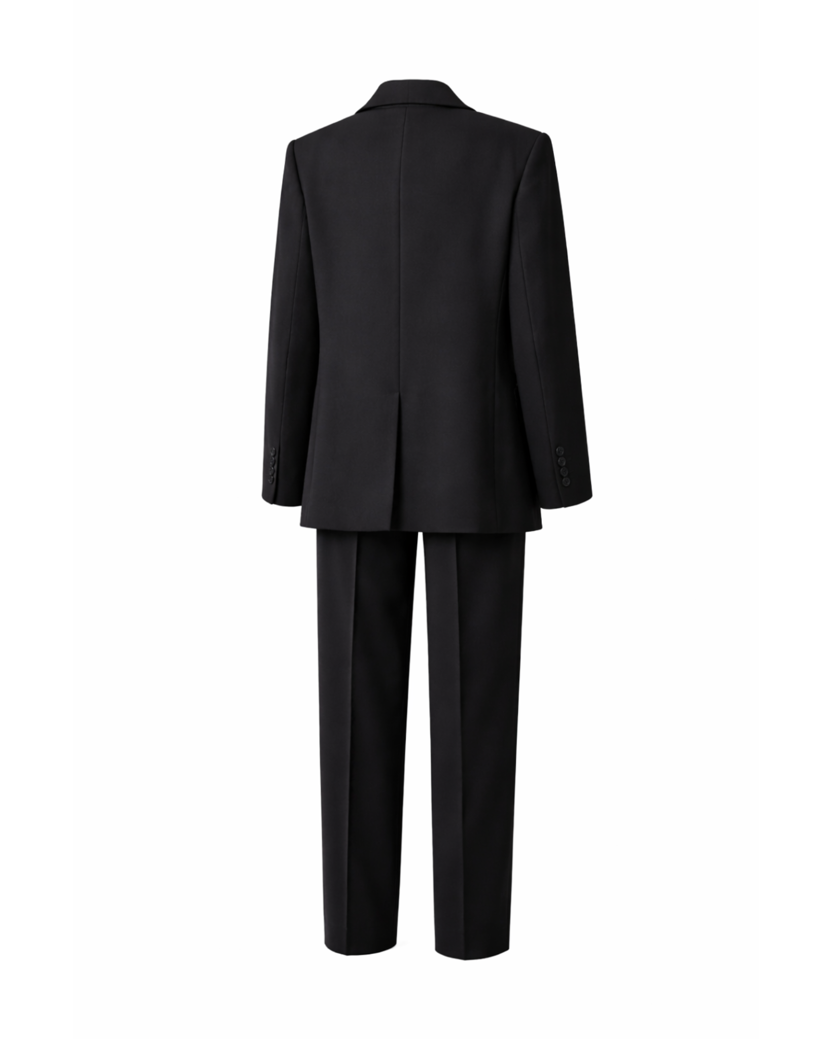 Women's Wearhouse | Black Oversized Wedding Suit shown from the back, featuring a relaxed silhouette with a long blazer and straight-leg trousers in sleek black fabric for androgynous bridal suiting.