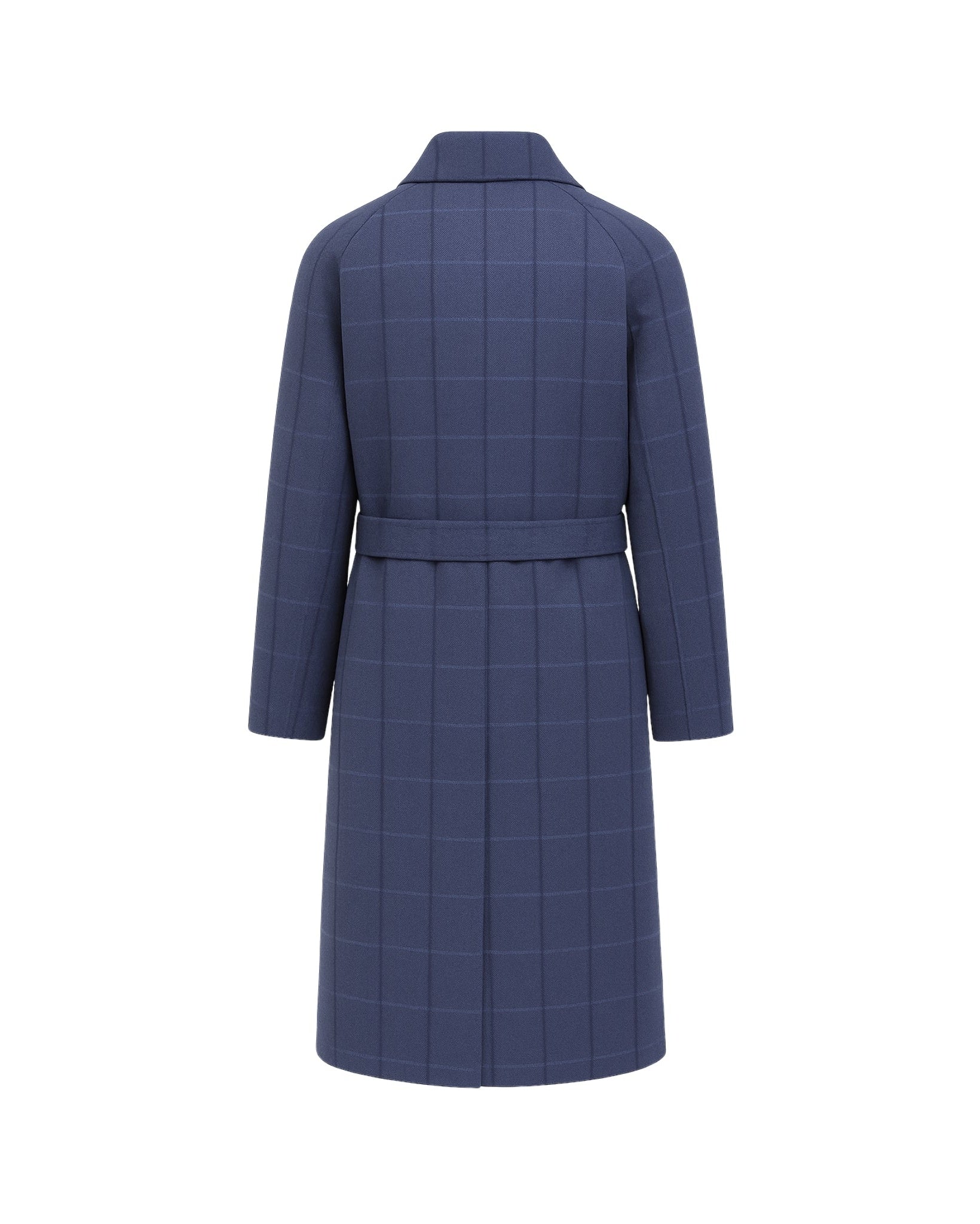 Blue Herringbone Overcoat | Raglan Sleeve Construction | Storm Shield shown from the back, featuring a belted waist and subtle windowpane pattern in deep blue wool fabric.