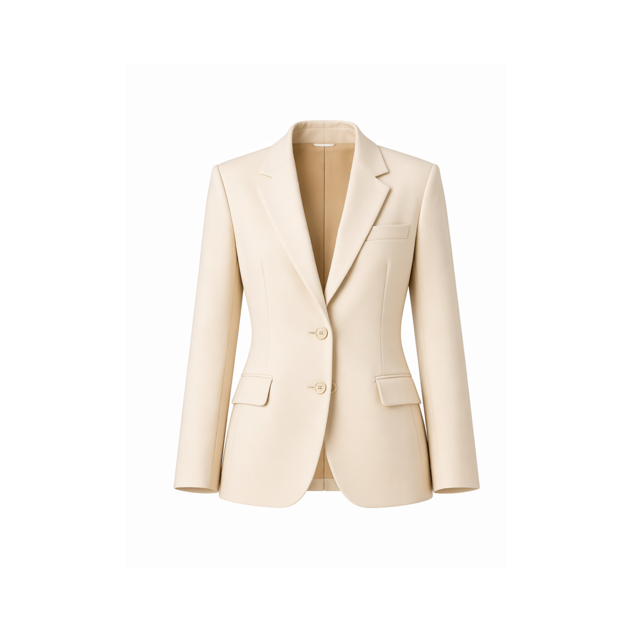 Women's Wearhouse | Women's Fitted Cream Suit Jacket in a smooth cream fabric, featuring a tailored silhouette with notch lapels, two-button closure, and flap pockets for elegant women's suiting.