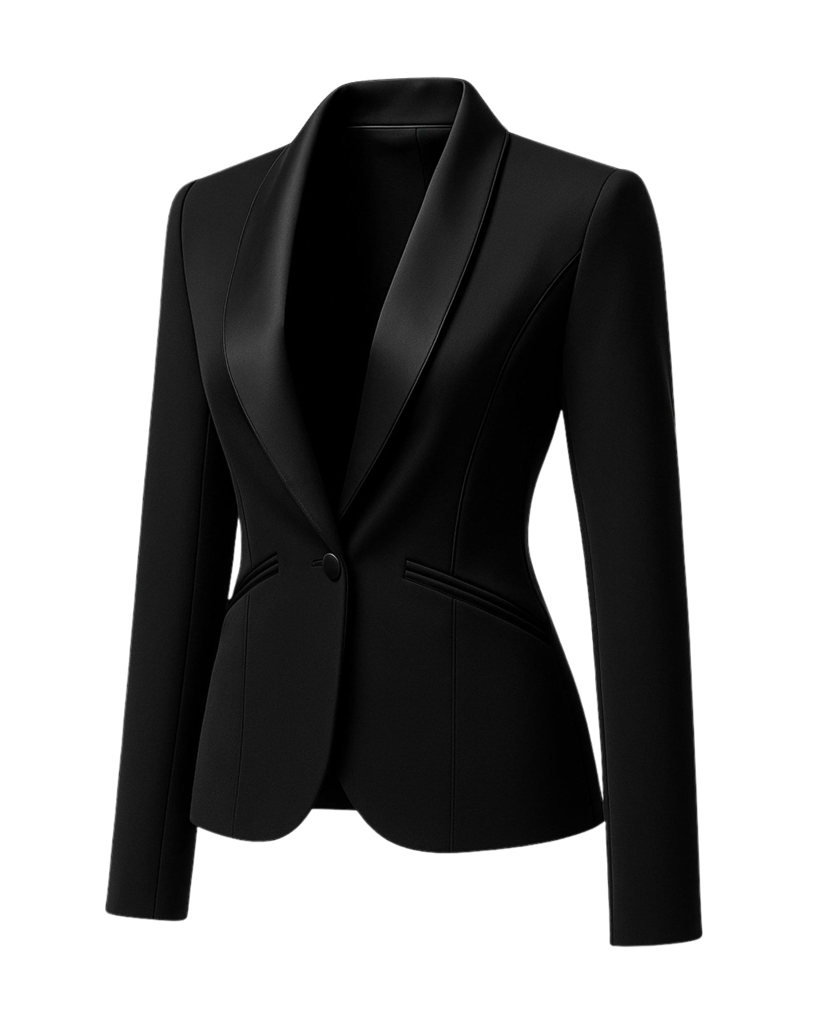 Black Fitted Blazer Shawl Collar Single Button Formal featuring a sleek tailored fit, smooth satin shawl collar, single-button closure, and slim long sleeves for sophisticated formalwear.