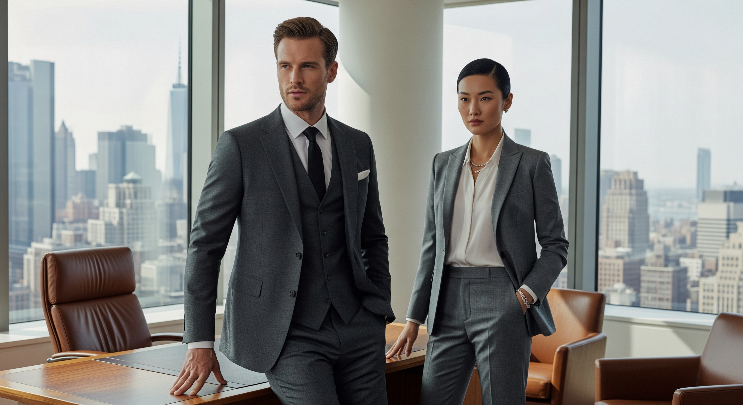 Man and woman standing confidently in a modern office with floor-to-ceiling windows showcasing a city skyline, dressed in tailored dark gray formal suiting with classic white shirts.
