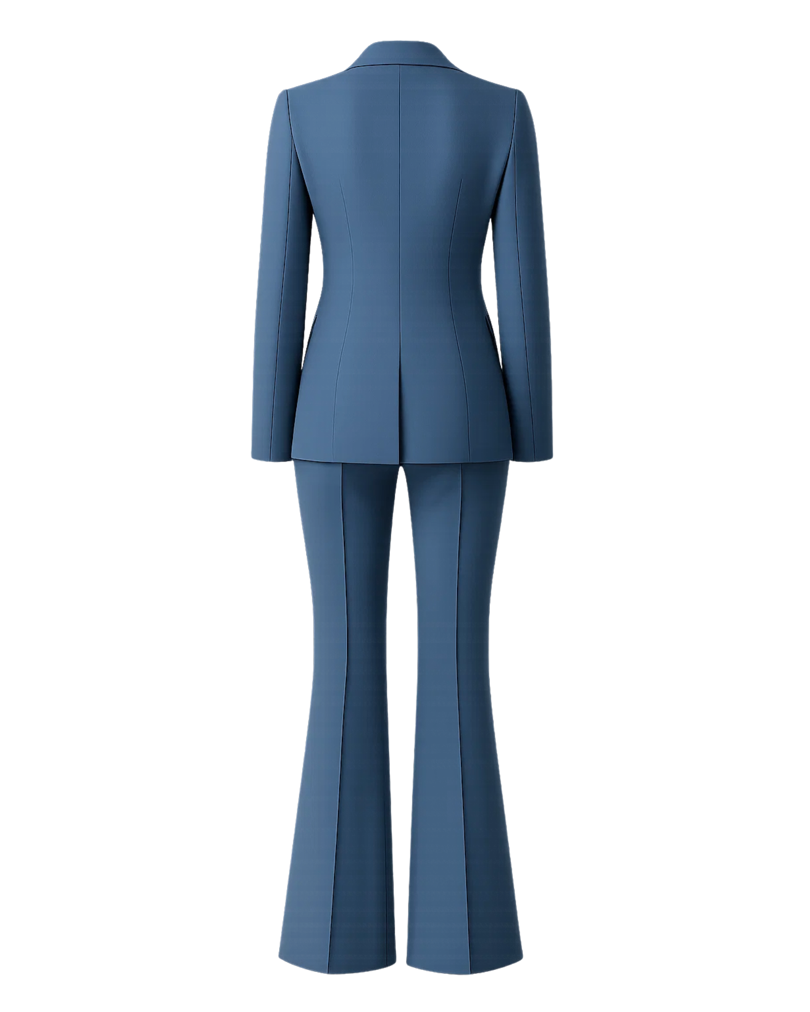 Women's Blue Two Piece Suit Set shown from the back, featuring a tailored jacket with clean lines and long sleeves, paired with high-rise flared trousers for a contemporary silhouette.