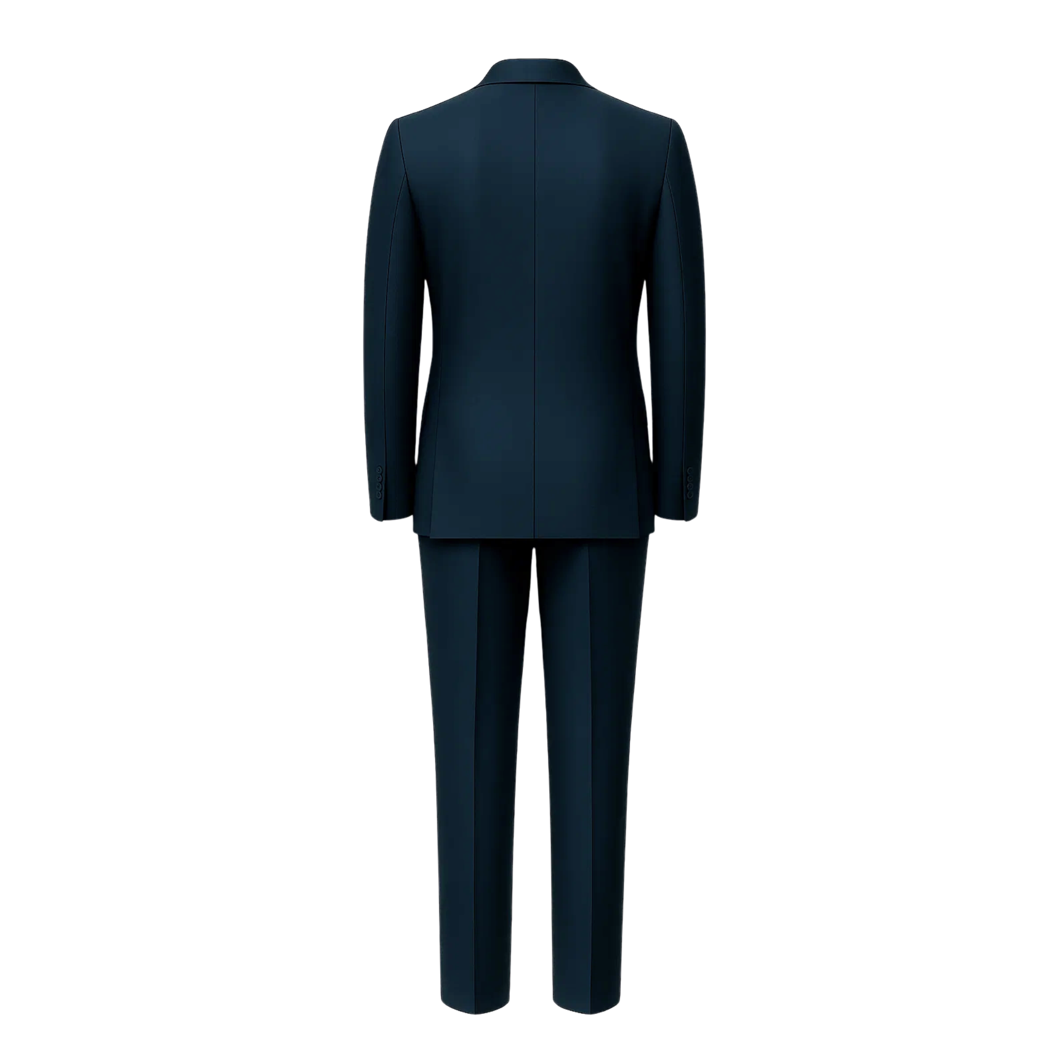 Men's Navy Blue Classic Tailored Suit Set displaying a sleek back view with a structured blazer featuring clean lines, paired with matching slim trousers in deep navy fabric.