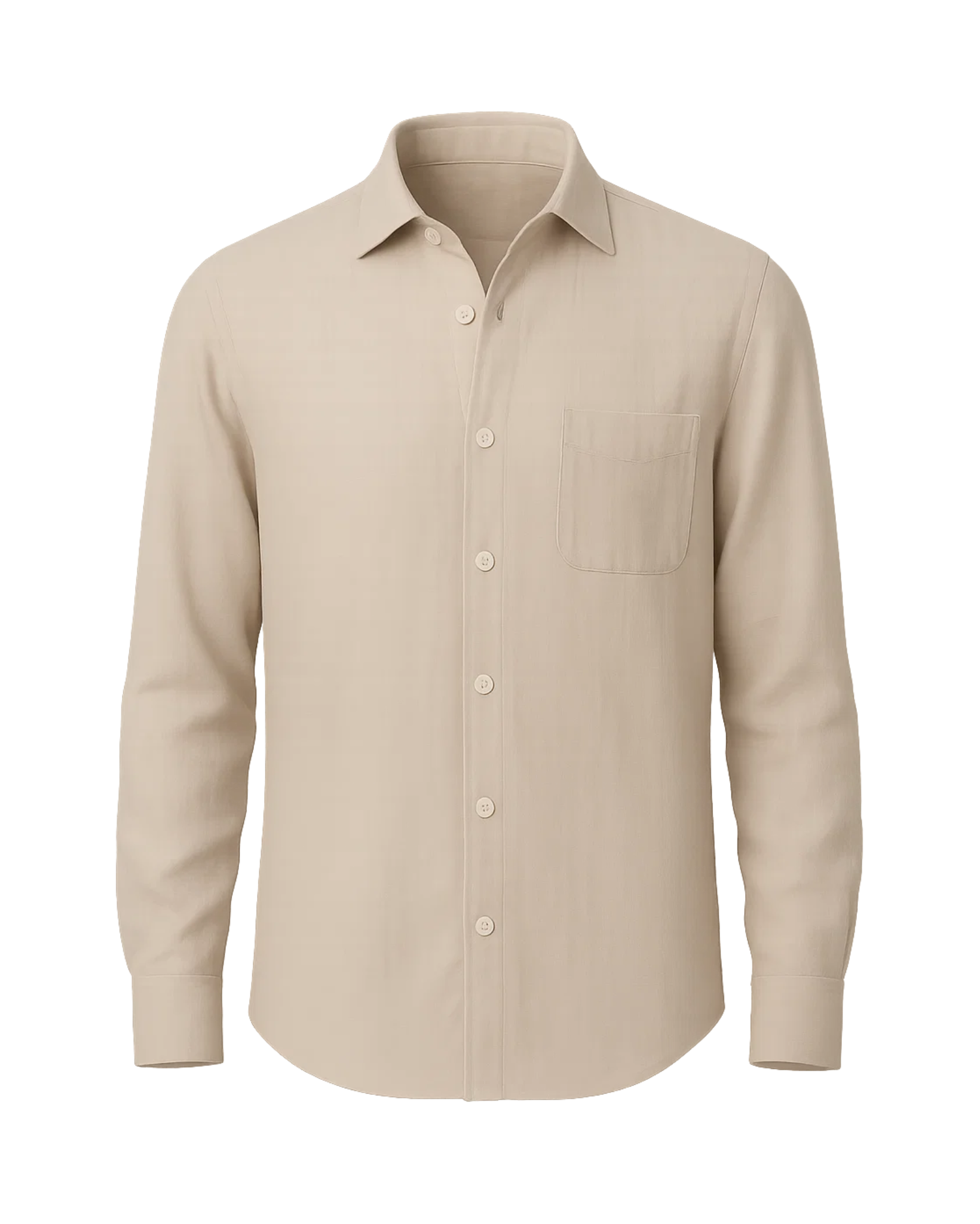 Men's Beige Unconstructed Casual Shirt featuring a relaxed fit with long sleeves, a classic collar, front button closure, and a single chest pocket in a soft, breathable fabric.