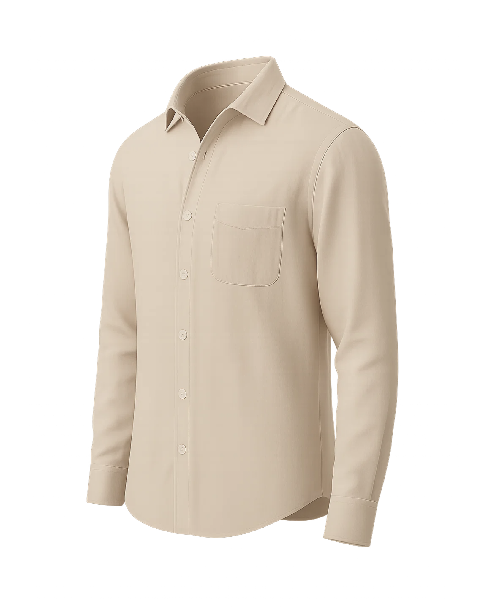 Men's Beige Unconstructed Casual Shirt with a relaxed silhouette, featuring a soft fabric, classic collar, front button placket, long sleeves, and a single chest pocket for versatile leisurewear.