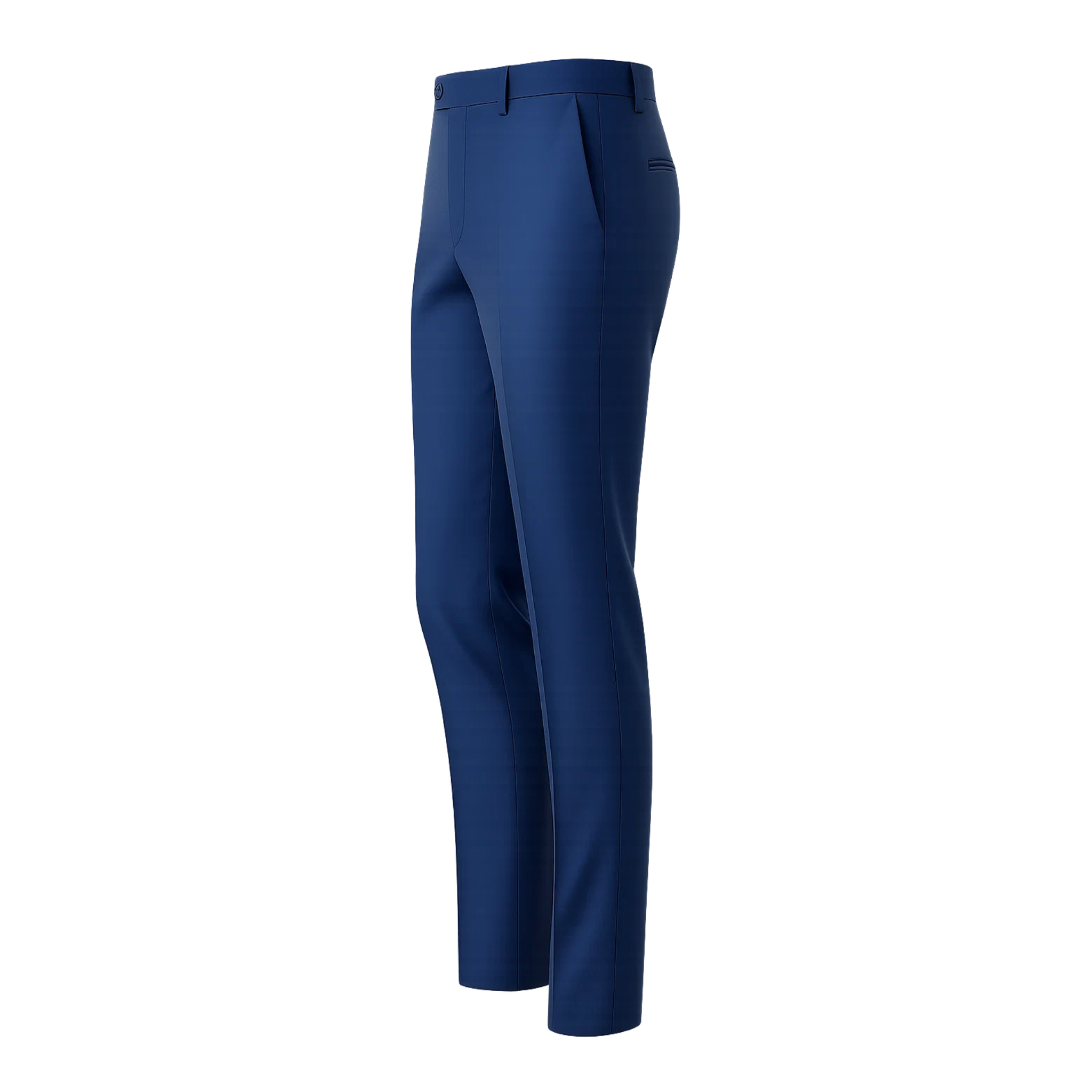 Men's Loro Piana Navy Dress Pants shown from a side angle, featuring a streamlined tailored fit with flat front, belt loops, and crafted from luxurious navy fabric for refined formalwear.