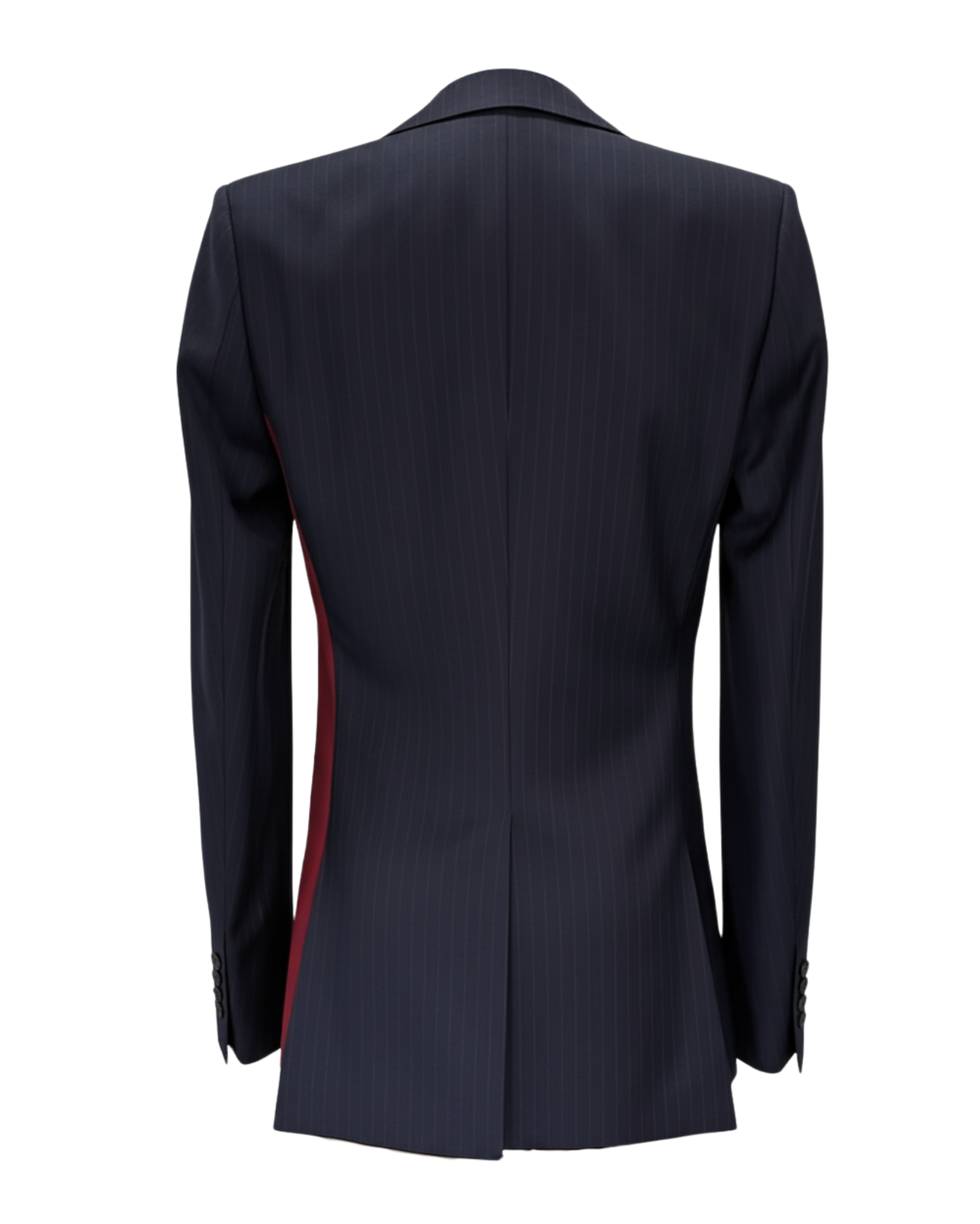 Back view of the Diagonal Pinstripe Contrast Blazer showcasing its sleek navy pinstripe fabric with deep red side panels and a tailored silhouette for modern, androgynous suiting.