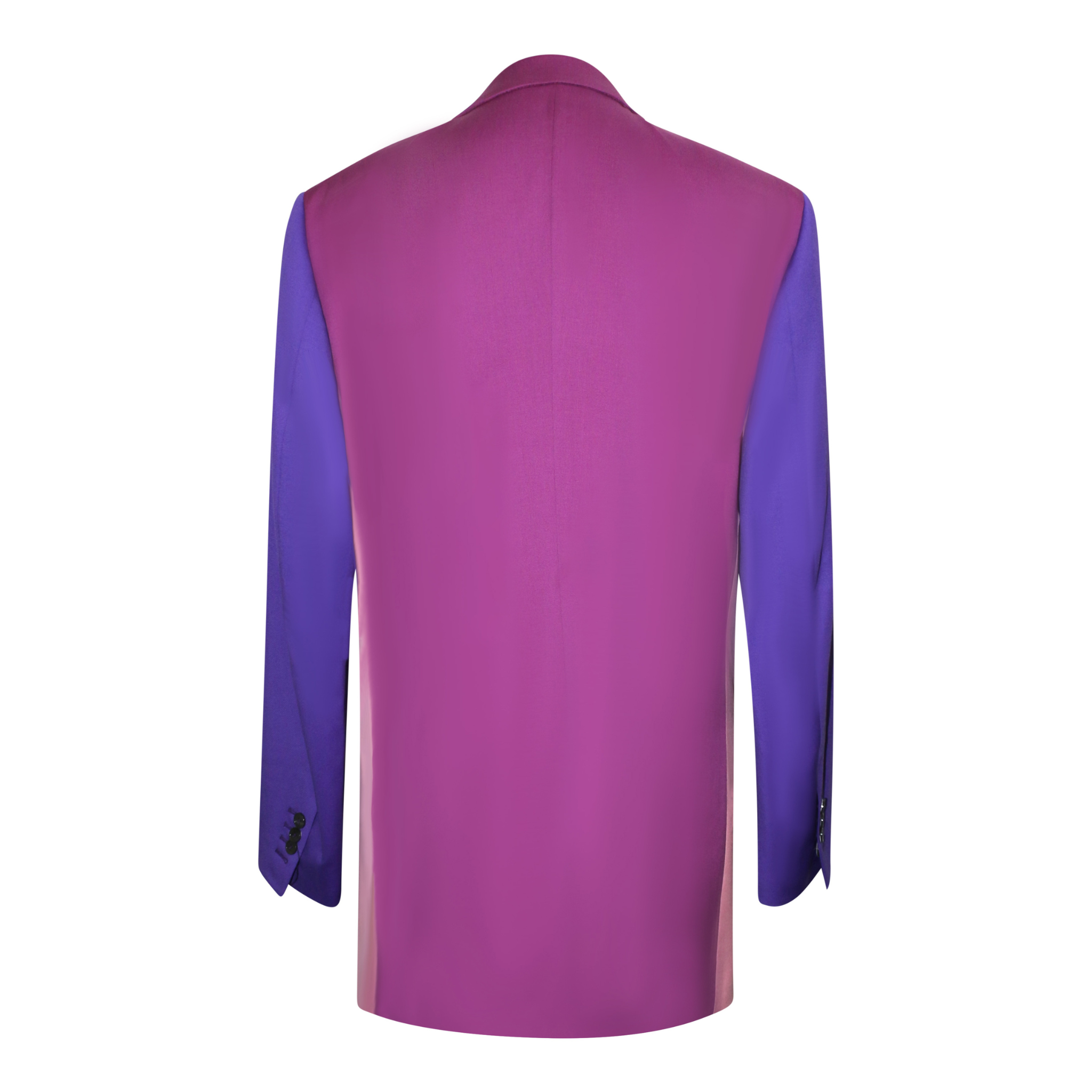 Pink Purple Color-Block Double-Breasted Blazer shown from the back, featuring a bold magenta back panel with vibrant purple sleeves and tailored lines for contemporary gender-neutral suiting.