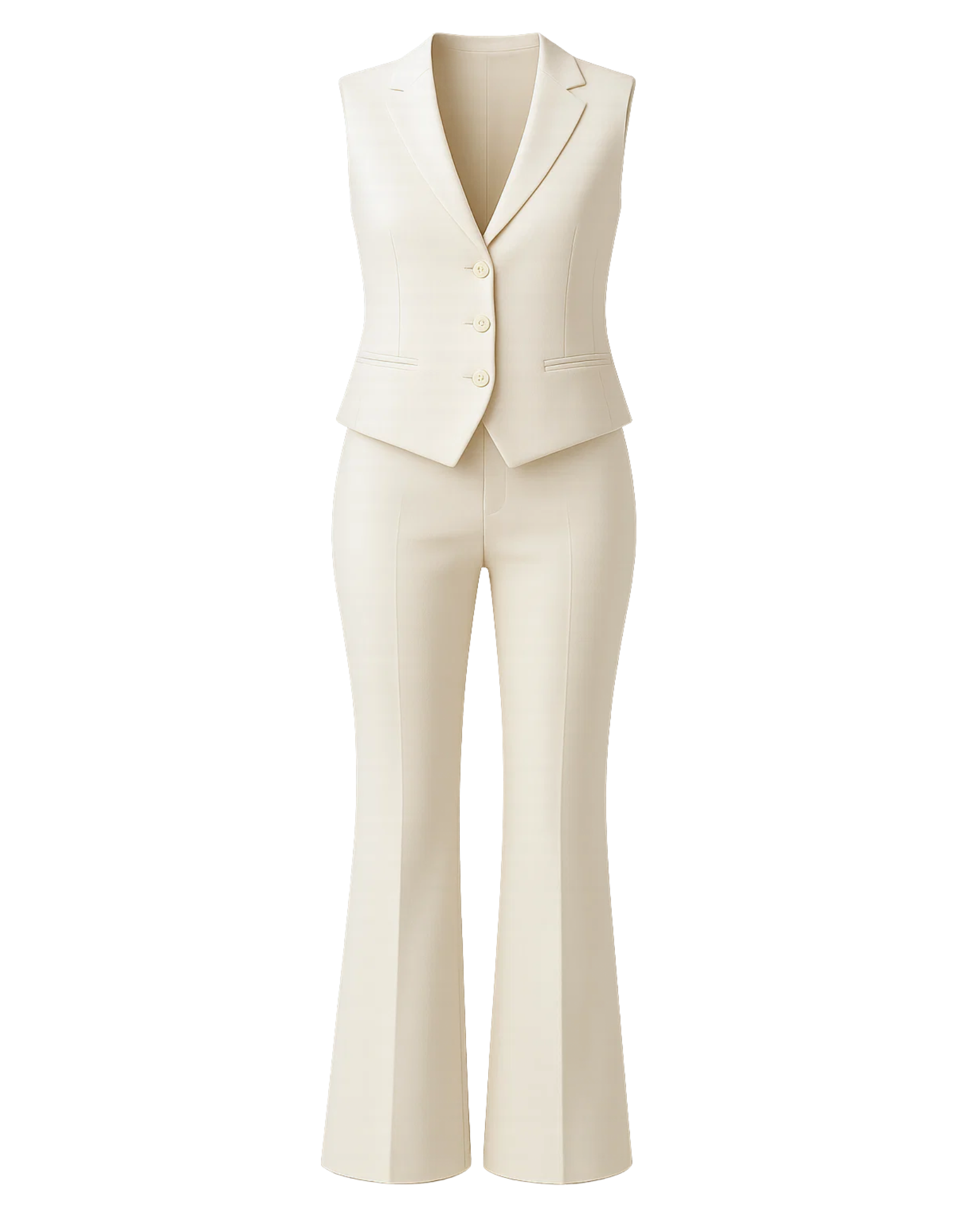 Women's Cream Vest Flare Pants Two Piece Suit Set featuring a tailored sleeveless vest with notch lapels and three buttons, paired with high-waisted, flare-leg trousers for a chic and modern look.