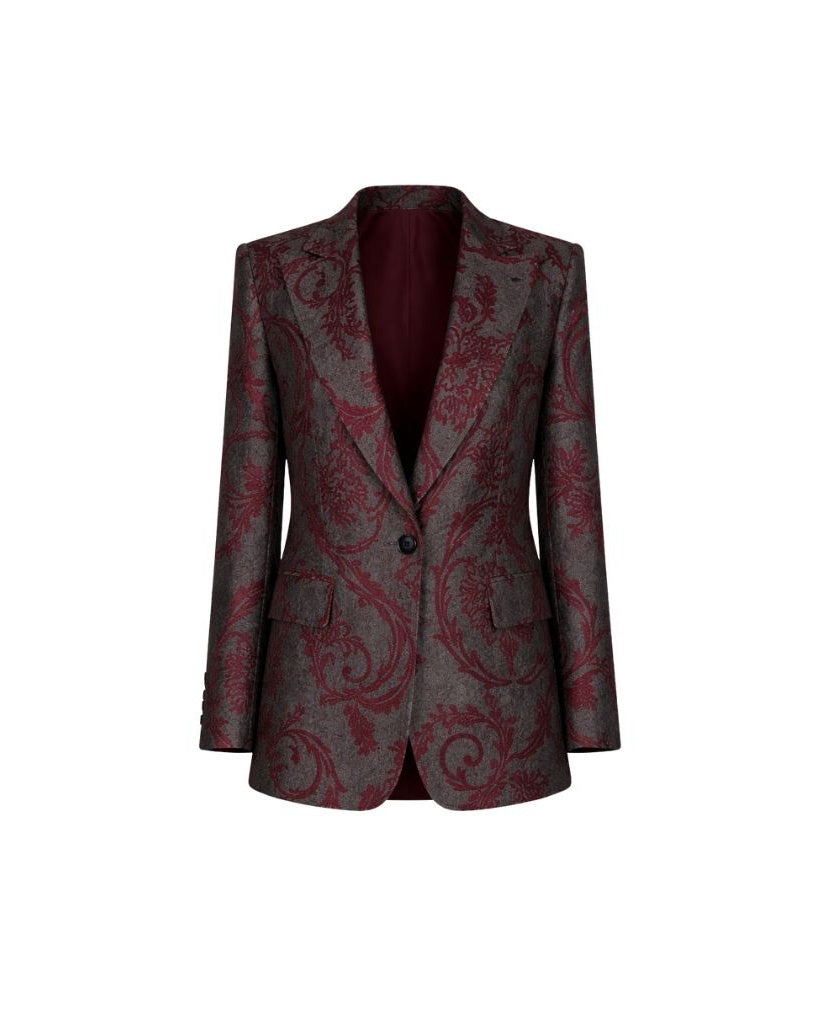 Burgundy Baroque Velvet Graphic Jacket featuring an intricate baroque velvet pattern in rich burgundy tones, tailored with structured shoulders and a single-button closure for sophisticated eveningwear.