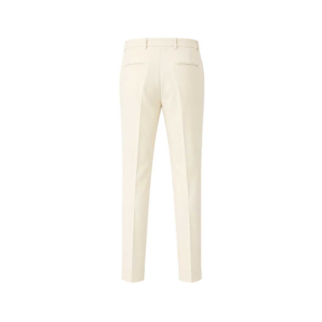 Ivory Women’s Wool Tuxedo Pants crafted from smooth wool fabric, featuring a tailored silhouette, belt loops, rear welt pockets, and clean cuffed hems for elegant formalwear.