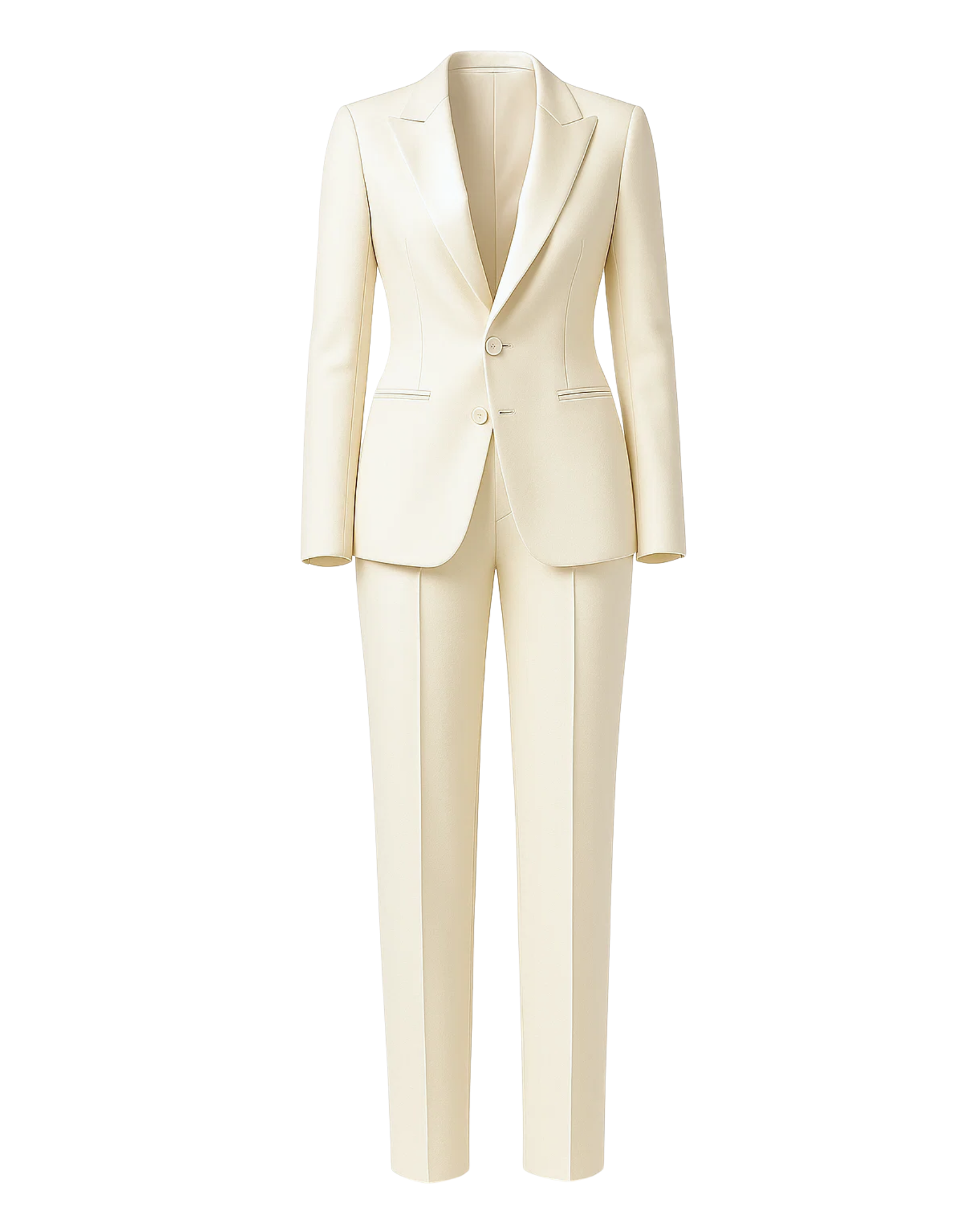 SAMPLE SALE | Cream Fitted Wedding Satin Suit in a sleek cream satin finish, featuring a tailored fitted blazer with notch lapels, two-button closure, and slim cut trousers for chic bridal suiting.