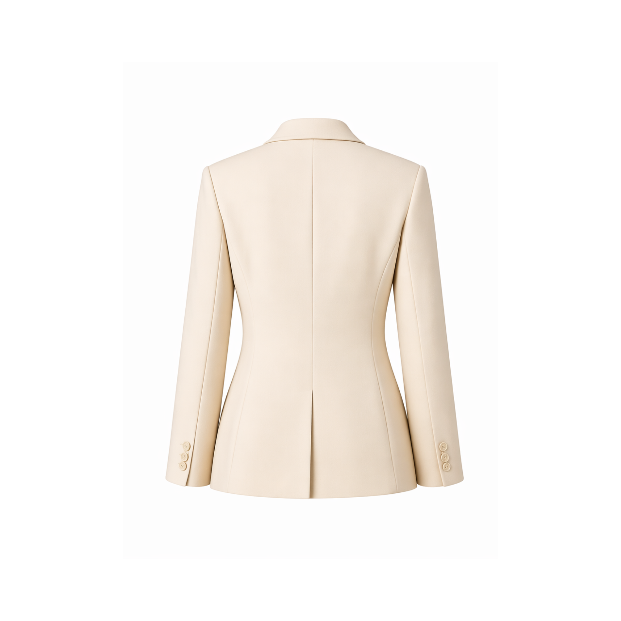 Women's Wearhouse | Women's Fitted Cream Suit Jacket shown from the back, featuring a smooth cream fabric, tailored seams, a center vent, and button details on the sleeves for a refined silhouette.