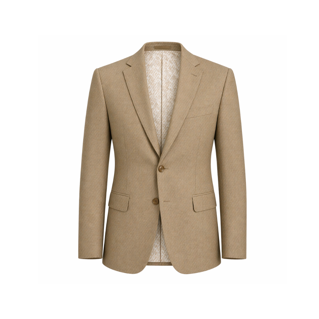 Beige Wool Summer Wedding Blazer displayed front-facing in a finely woven light beige wool fabric, featuring a tailored two-button closure, notch lapels, and flap pockets for refined summer occasion wear.