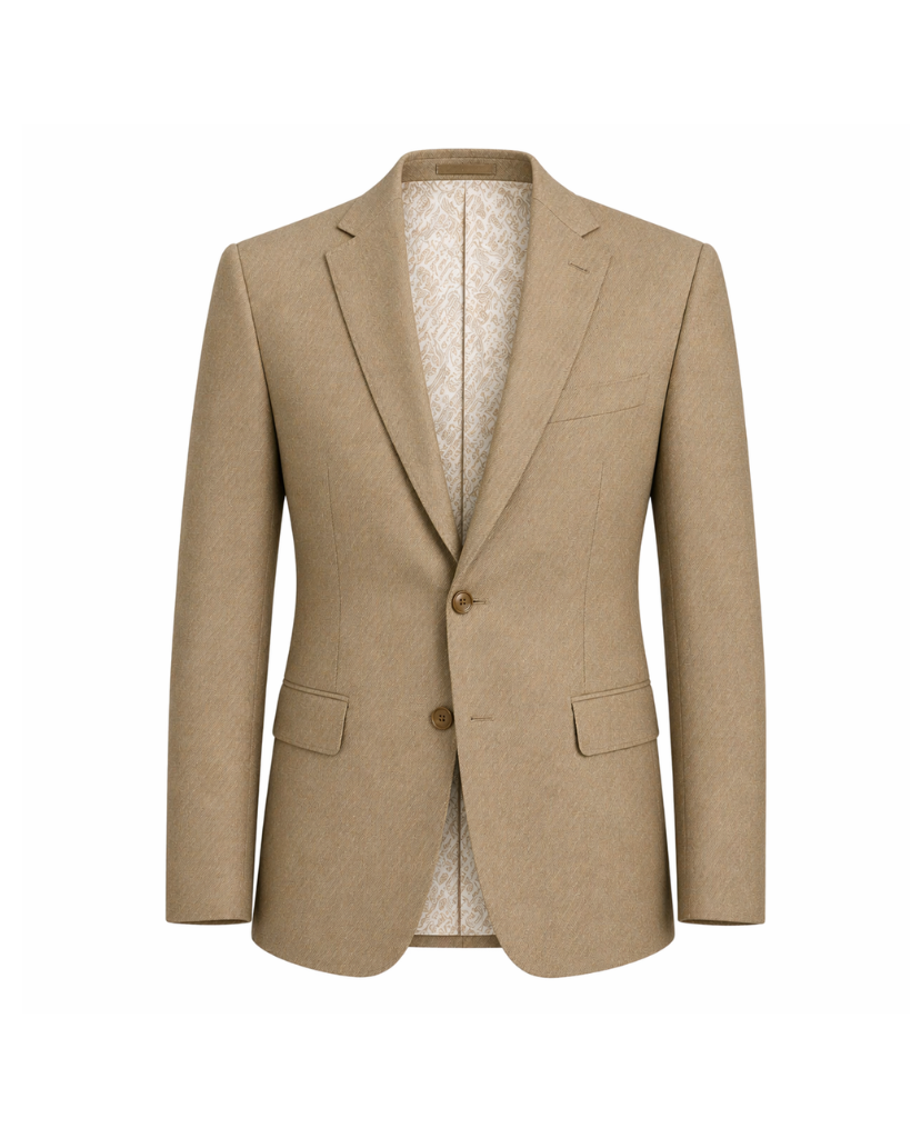 Beige Wool Summer Wedding Blazer displayed front-facing in a finely woven light beige wool fabric, featuring a tailored two-button closure, notch lapels, and flap pockets for refined summer occasion wear.