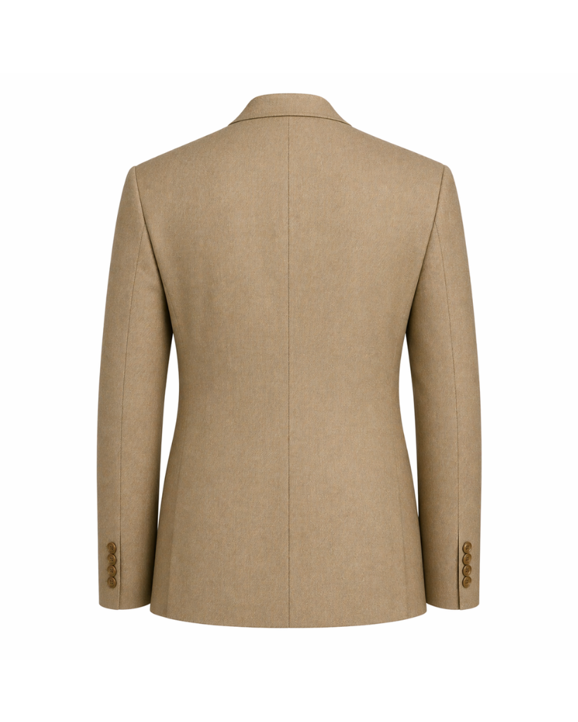 Beige Wool Summer Wedding Blazer shown from the back, tailored in lightweight wool with a streamlined fit, featuring a clean center seam and functional button cuffs for elegant summer wear.