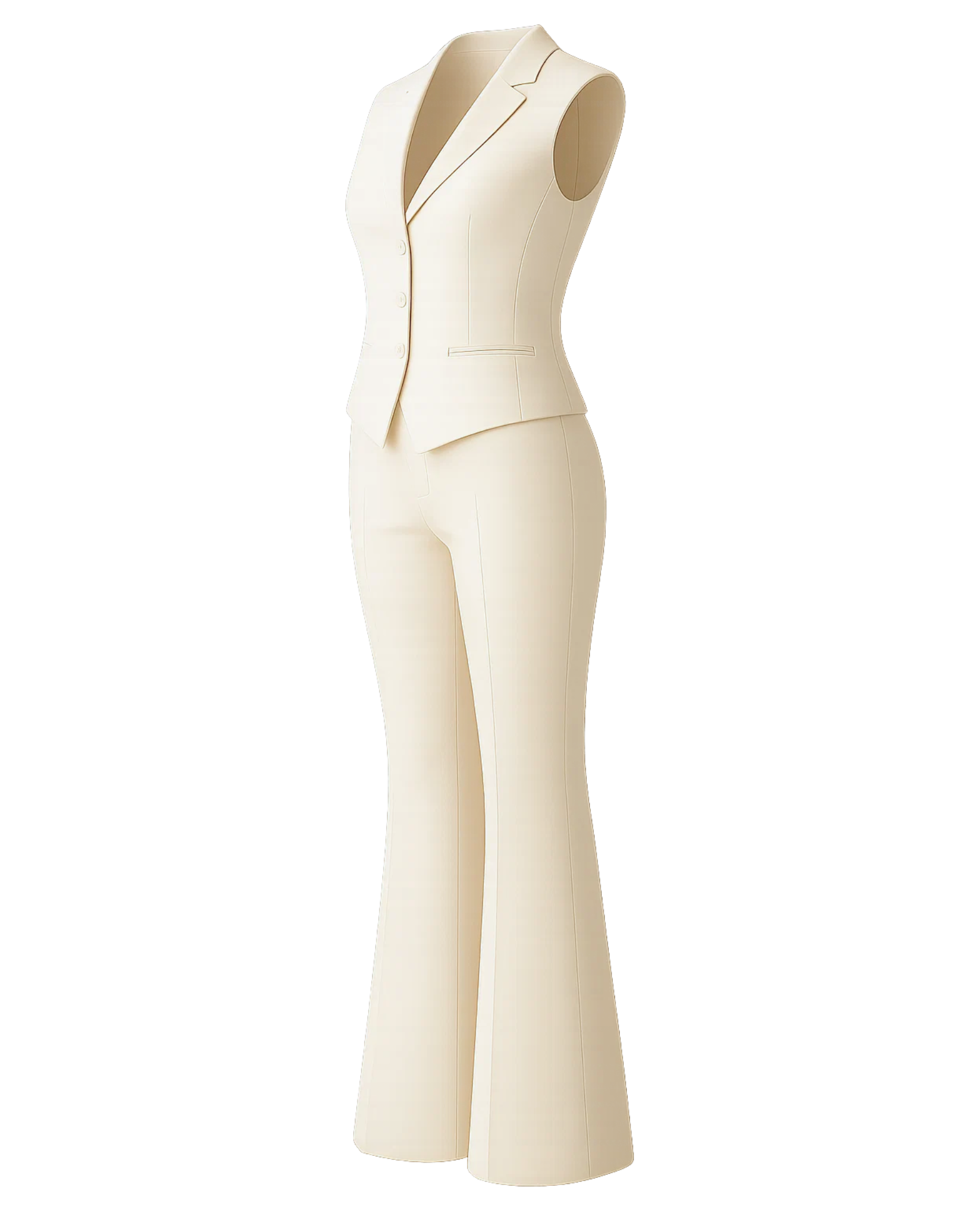 Women's Cream Vest Flare Pants Two Piece Suit Set featuring a fitted sleeveless vest with a deep V neckline and tailored flare-leg trousers for a refined, modern look.