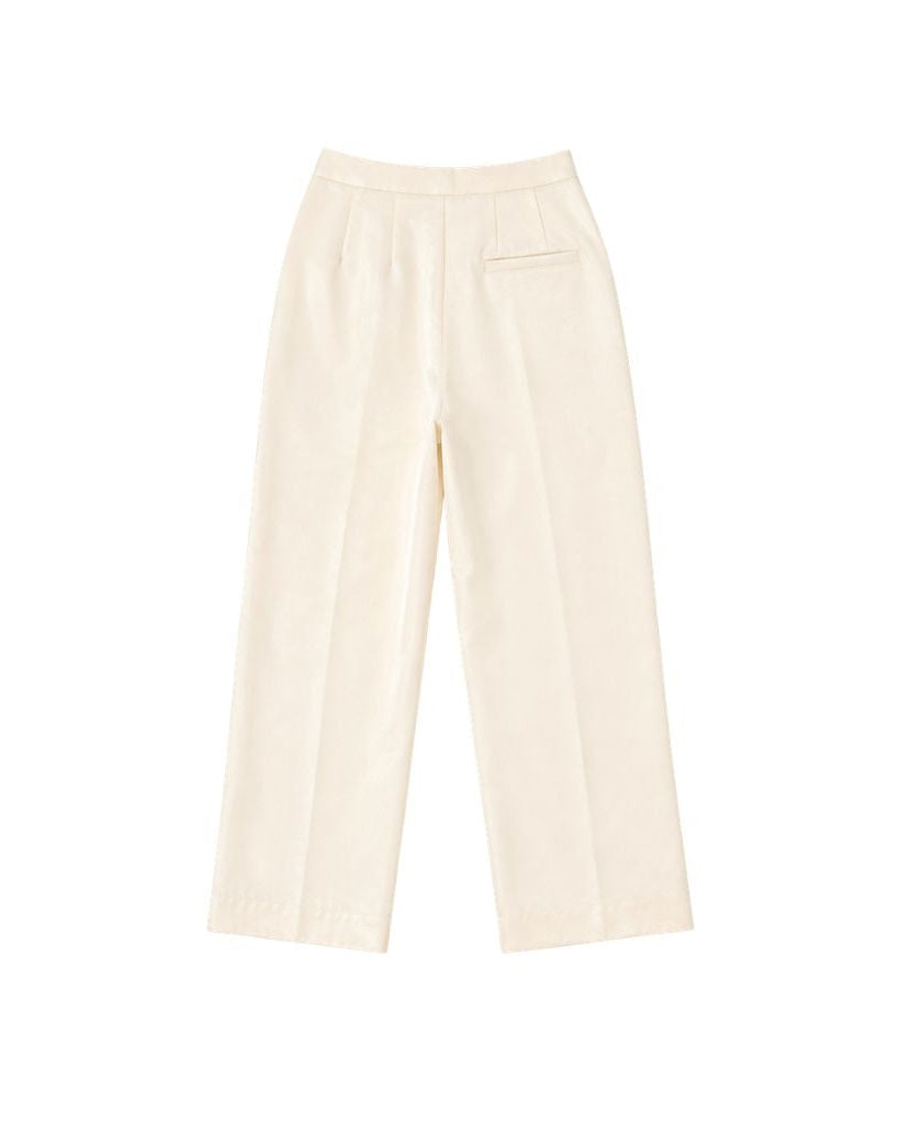 Cream Pleated Silk Satin Trousers, view 2