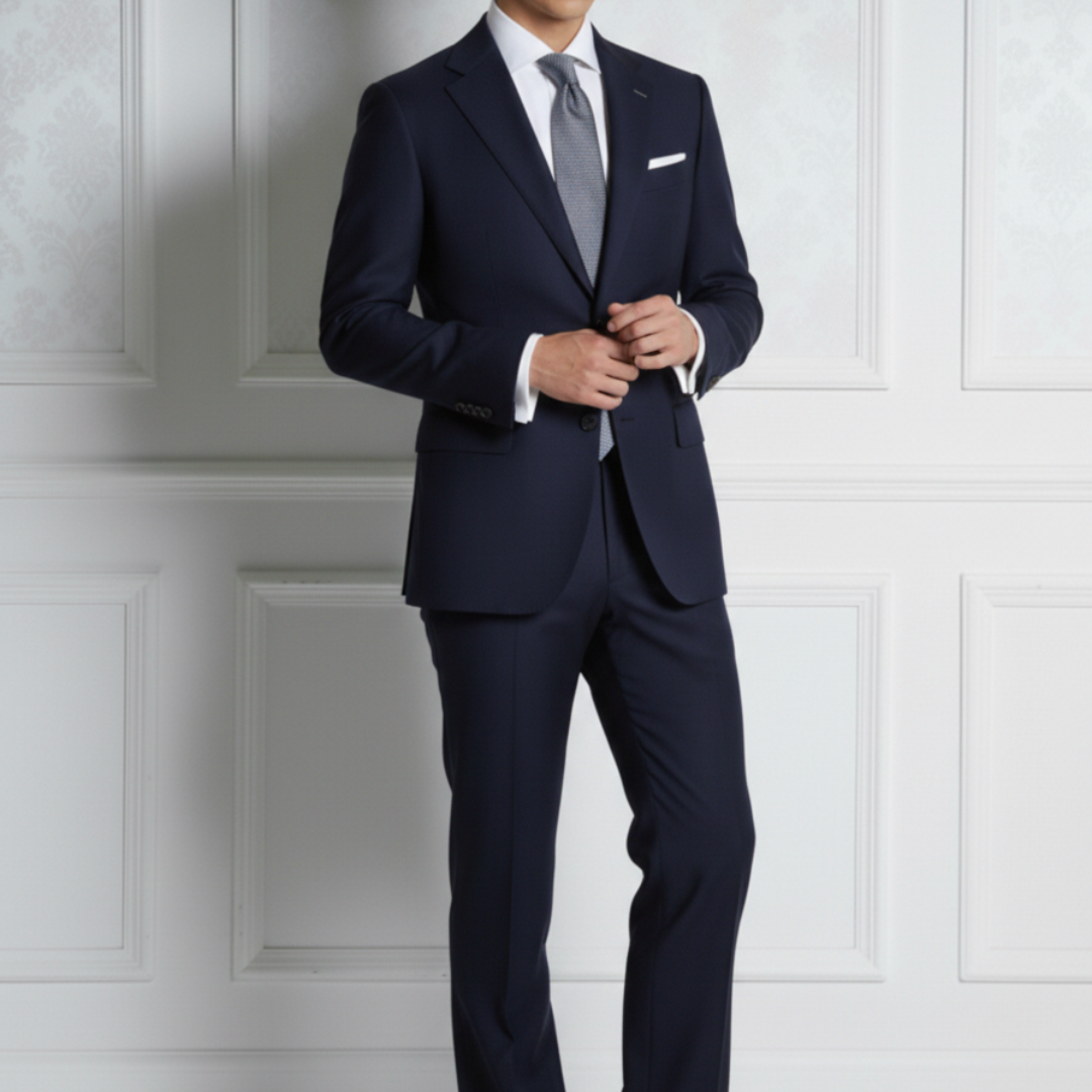 Man wearing a navy suit with a white shirt and gray tie against a white paneled wall.