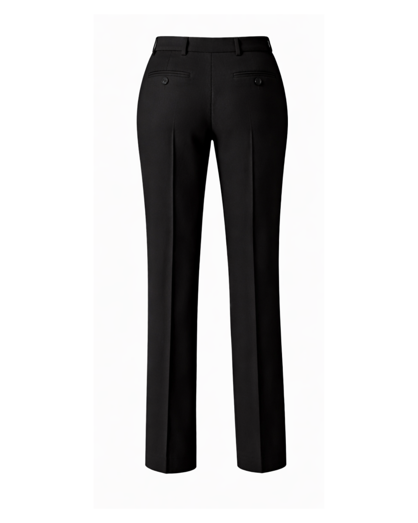 Women's Wearhouse | Black Fitted Suit Trouser shown from the back, crafted in smooth black fabric with a tailored slim fit, featuring belt loops and buttoned welt pockets for polished formalwear.