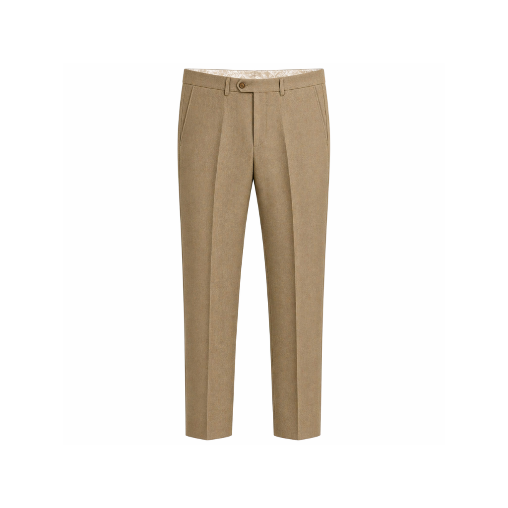 Beige Wool Summer Wedding Trousers crafted in lightweight wool fabric, featuring a tailored straight-leg cut with front pleats, belt loops, and slanted side pockets for refined summer formalwear.