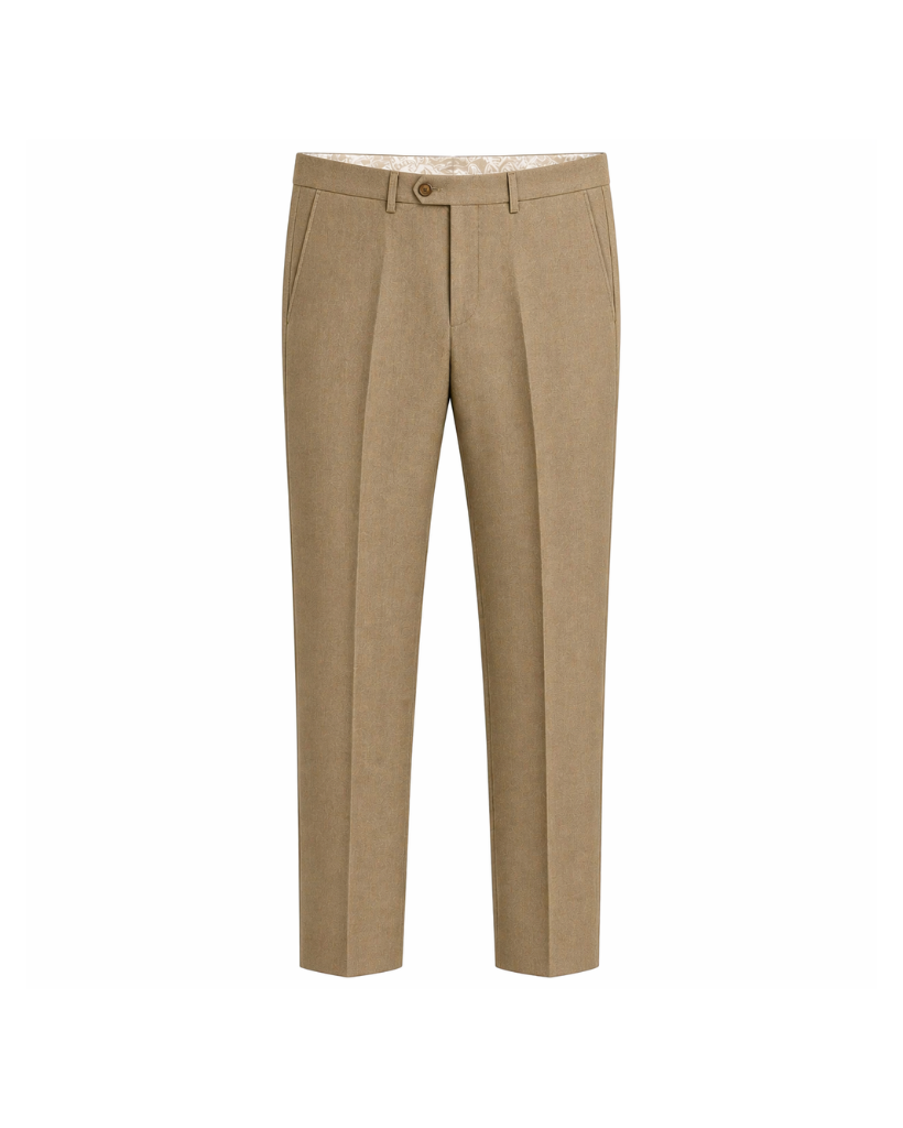 Beige Wool Summer Wedding Trousers crafted in lightweight wool fabric, featuring a tailored straight-leg cut with front pleats, belt loops, and slanted side pockets for refined summer formalwear.