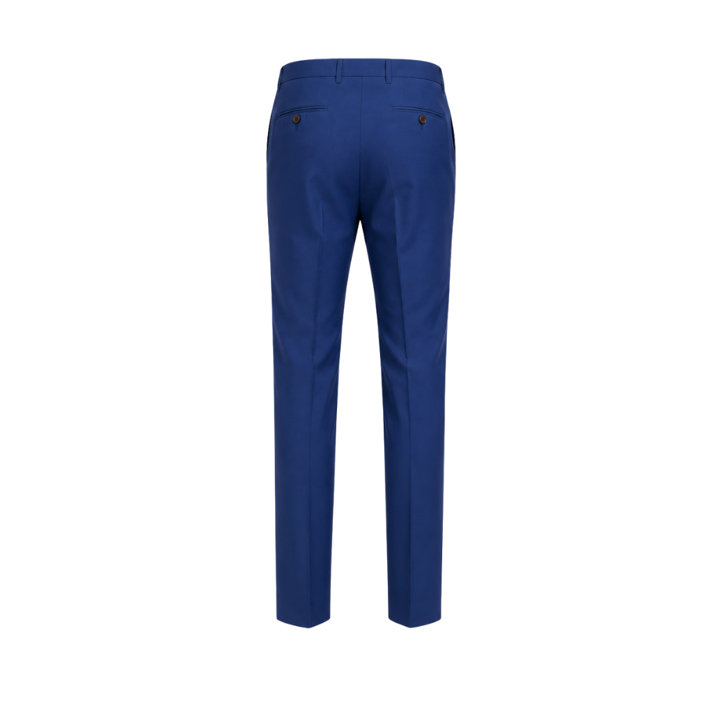 Loro Piana Blue 100% Wool Men’s Tapered Trousers shown from the back with a clean, tailored fit, featuring buttoned rear welt pockets and a smooth, refined finish in rich blue wool.