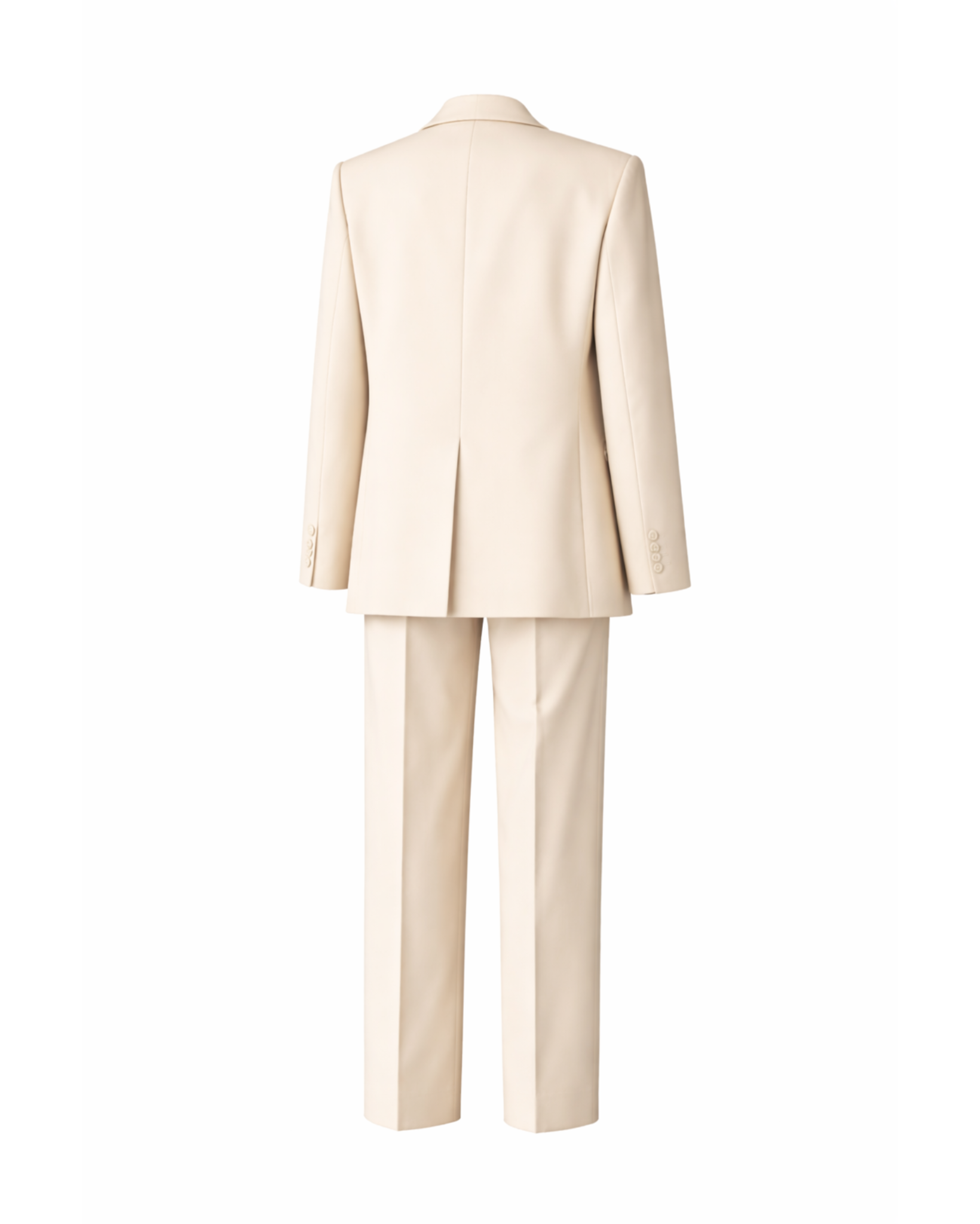 Women's Wearhouse | Cream Oversized Wedding Suit shown from the back, featuring a relaxed-fit blazer with minimalistic design and straight-leg trousers in a soft cream fabric for contemporary bridal suiting.