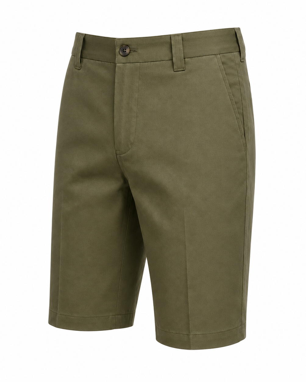 Men’s Loro Piana Tailored Bermuda Shorts in a muted olive tone, featuring a flat front, belt loops, side pockets, and a button closure for sophisticated summer leisurewear.