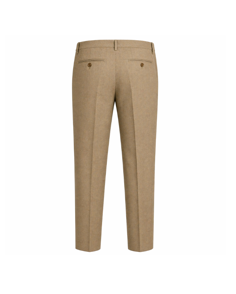 Beige Wool Summer Wedding Trousers shown from the back in a smooth beige wool fabric, featuring tailored straight legs with welt pockets and button closures for refined summer formalwear.
