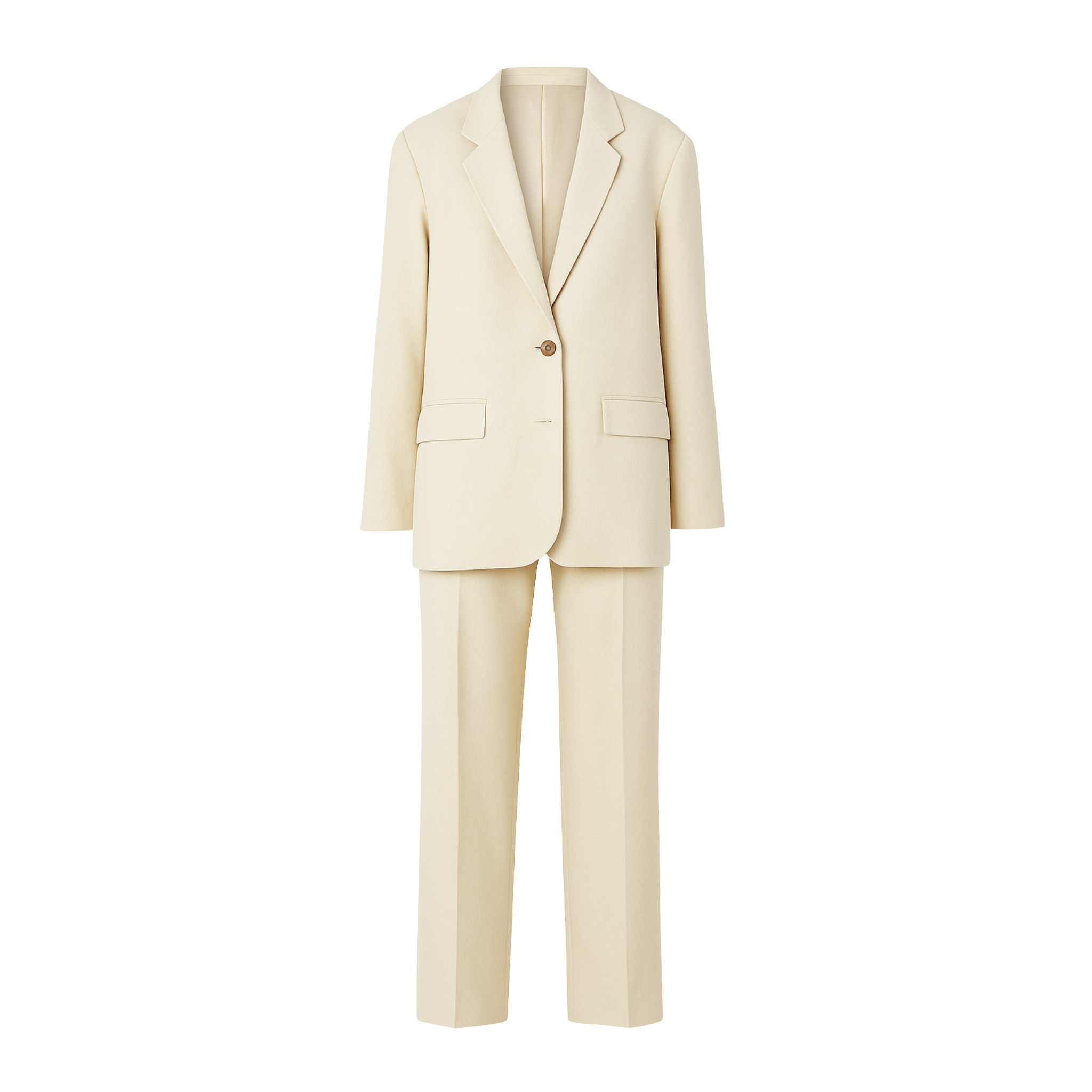 PRE-LOVED | Women's Cream Oversized Wedding Suit in a soft cream fabric, featuring a relaxed oversized blazer with notch lapels, single-button closure, flap pockets, and straight-leg trousers for elegant bridal suiting.