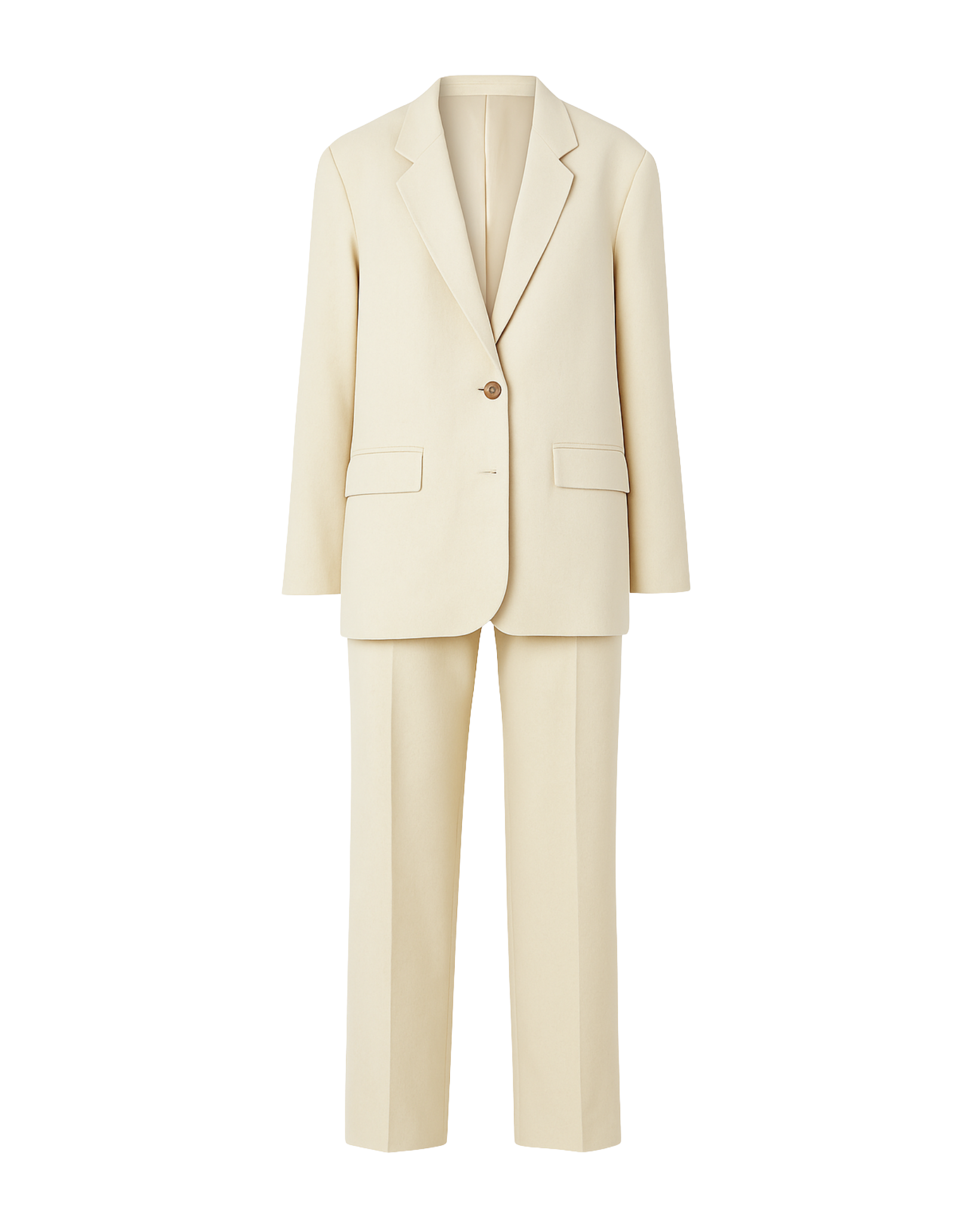 PRE-LOVED | Women's Cream Oversized Wedding Suit in a soft cream fabric, featuring a relaxed oversized blazer with notch lapels, single-button closure, flap pockets, and straight-leg trousers for elegant bridal suiting.