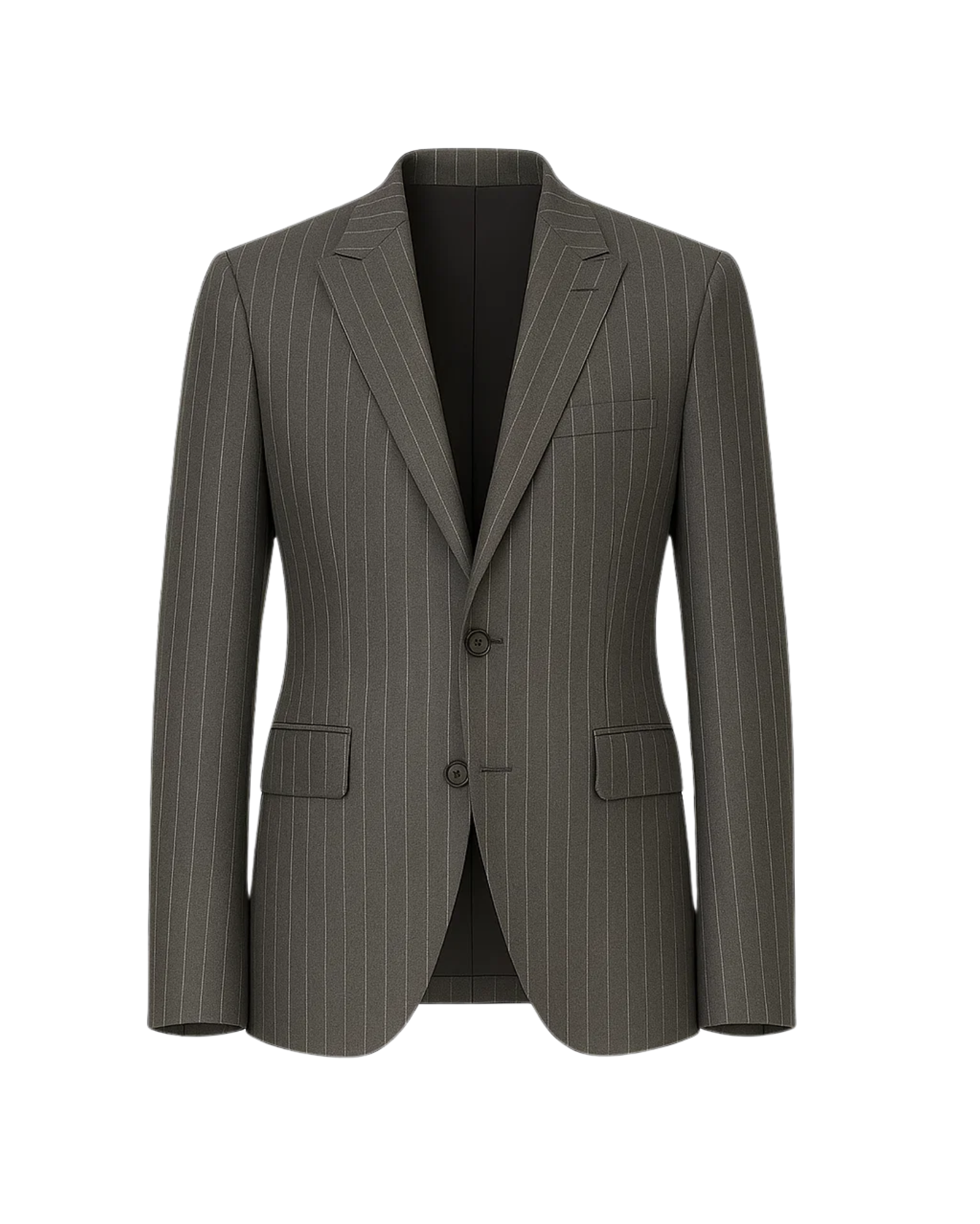 Men's Gray Pinstripe Classic Blazer Jacket featuring a tailored two-button front, notch lapels, flap pockets, and a slim fit crafted from fine gray pinstripe fabric for timeless menswear.