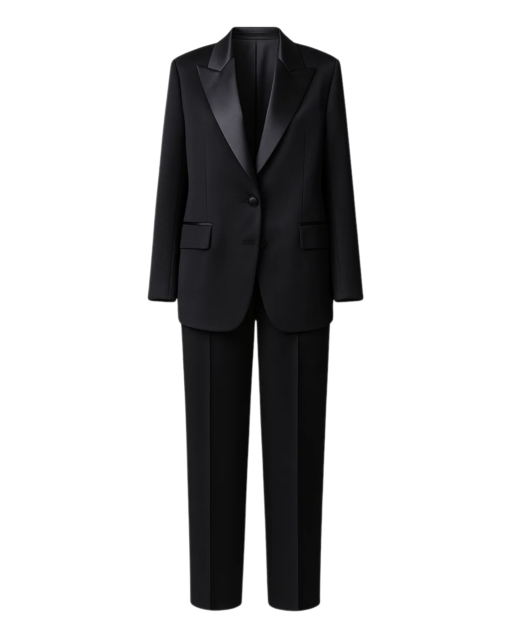 SAMPLE SALE | Women's Black Oversized Wedding Suit featuring a relaxed fit blazer with satin notch lapels, single-button closure, flap pockets, and straight-leg trousers for contemporary bridal suiting.